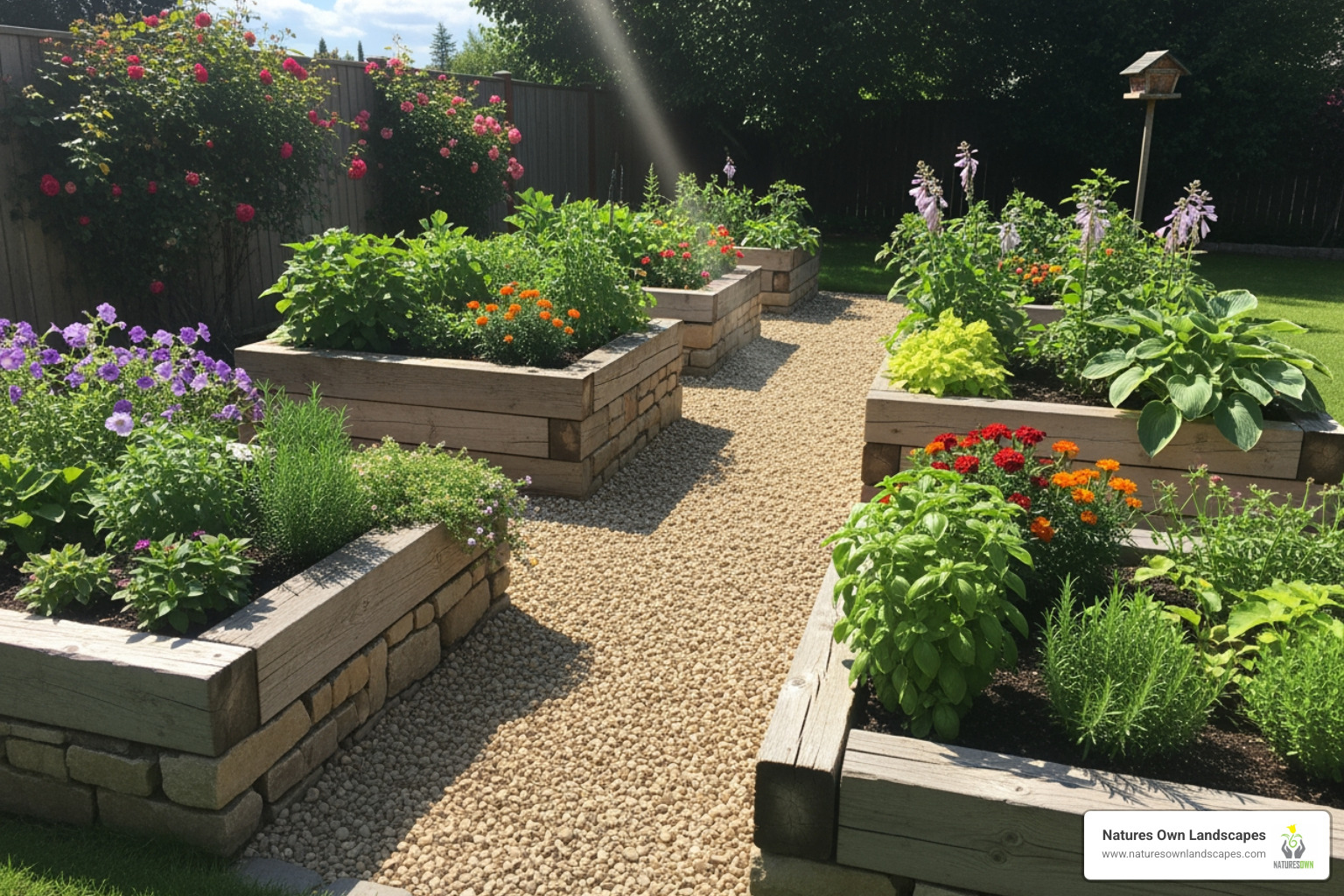 Yard with well-defined raised garden beds and a gravel pathway - garden design ideas