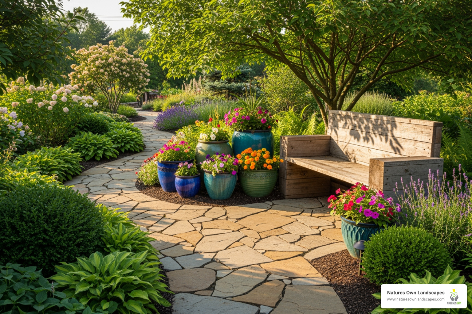 Garden path with integrated pottery and a bench - garden design ideas