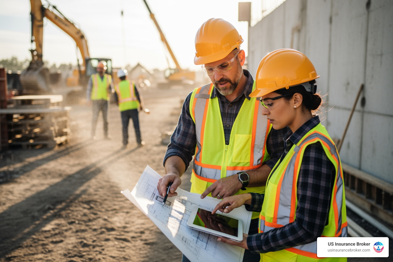 construction site with a general contractor and a subcontractor reviewing plans - cross liability cover construction site with a general contractor and a subcontractor reviewing plans - cross liability cover