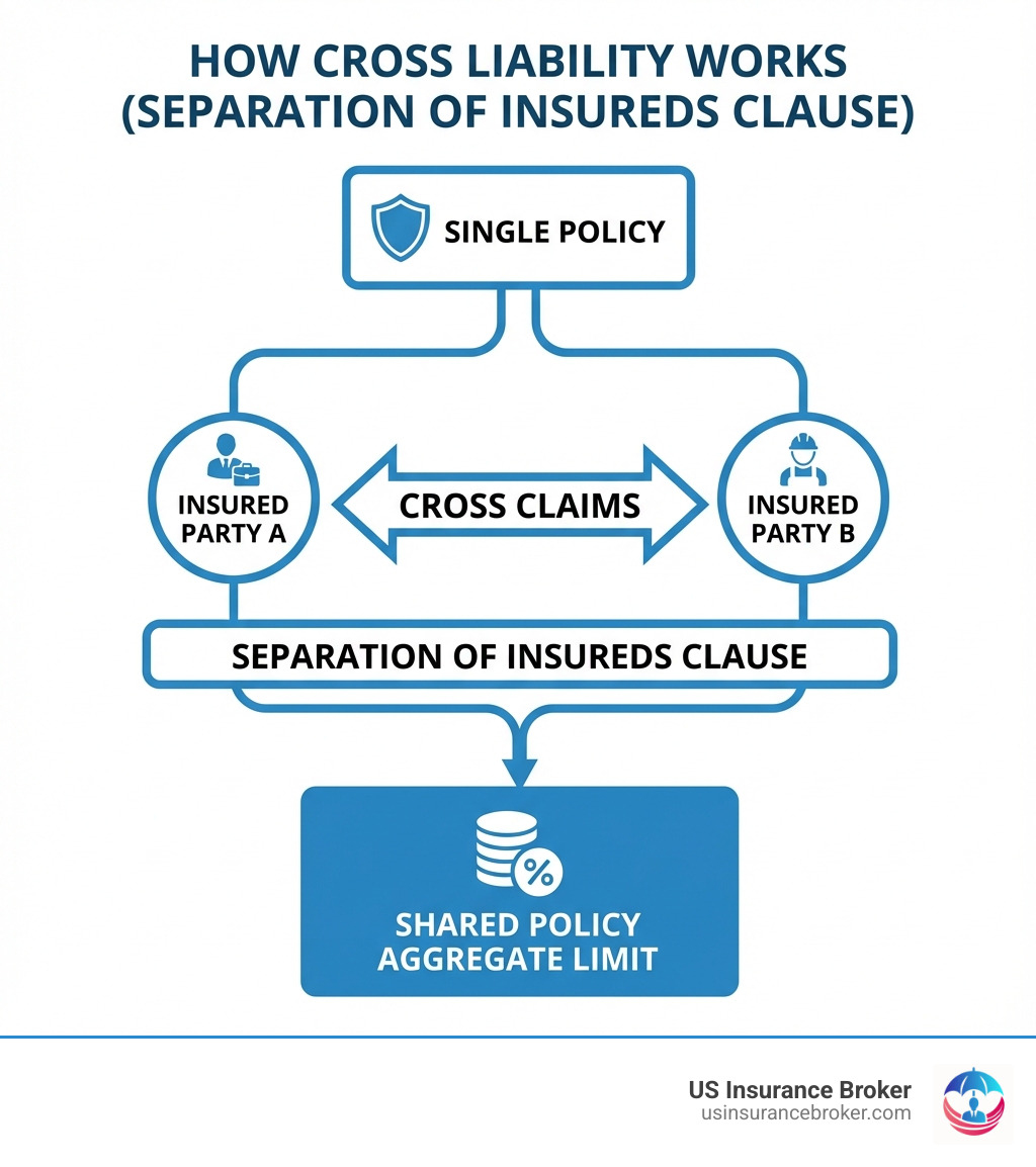 Infographic showing how cross liability works: Single Policy at top, branching to Insured Party A and Insured Party B, with arrows showing one can claim against the other, all under Separation of Insureds Clause, with shared Policy Aggregate Limit at bottom - cross liability cover infographic Infographic showing how cross liability works: Single Policy at top, branching to Insured Party A and Insured Party B, with arrows showing one can claim against the other, all under Separation of Insureds Clause, with shared Policy Aggregate Limit at bottom - cross liability cover infographic