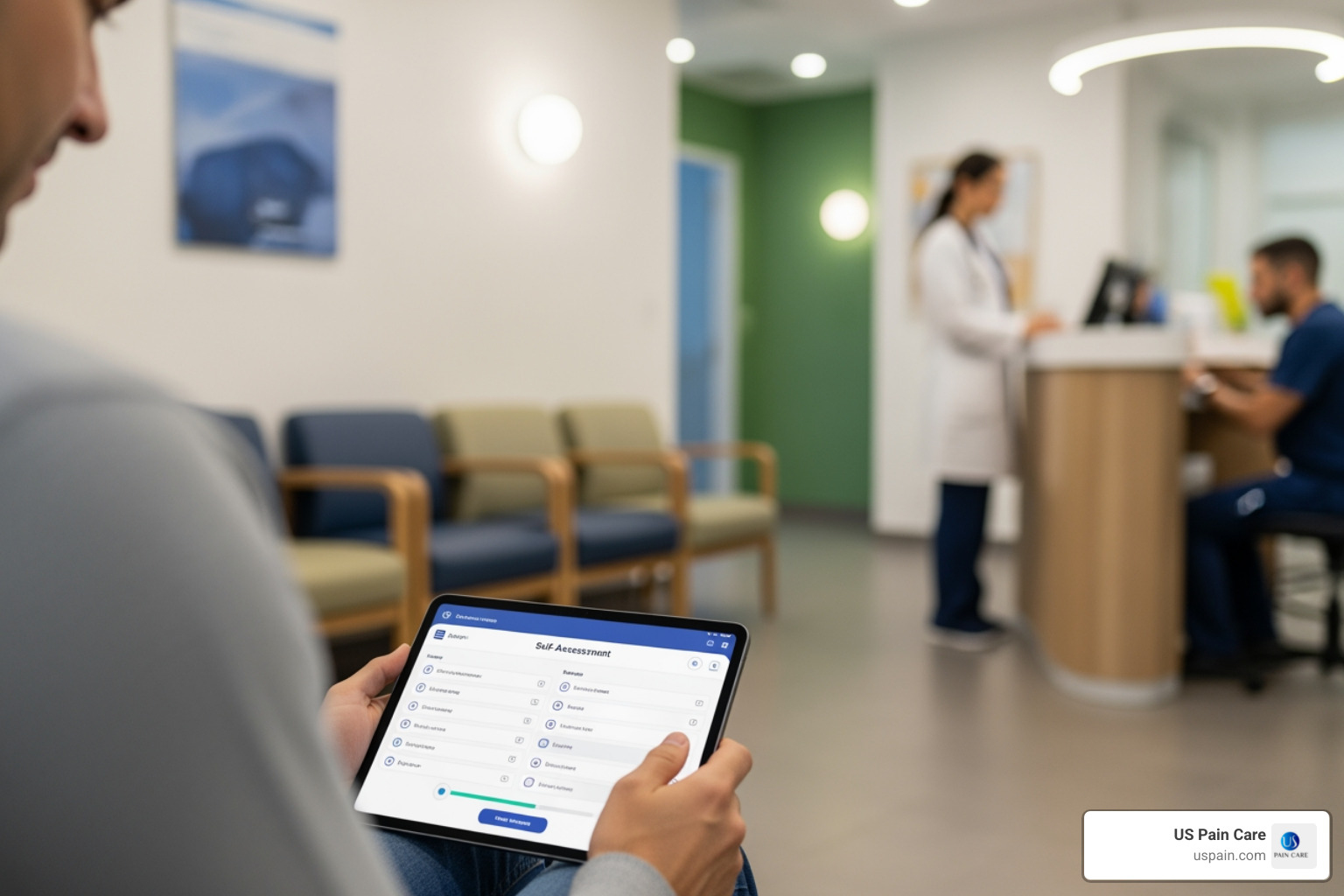 A patient sitting comfortably in a clinic, using a tablet to complete a digital self-assessment form, with a healthcare professional in the background. - supportive care behavioral health A patient sitting comfortably in a clinic, using a tablet to complete a digital self-assessment form, with a healthcare professional in the background. - supportive care behavioral health