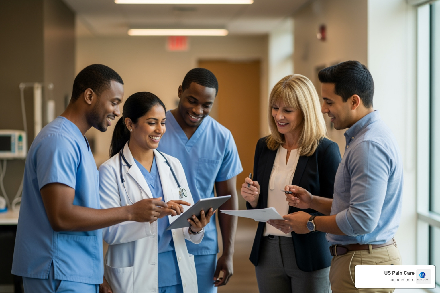 A diverse group of healthcare professionals, including a doctor, nurse, social worker, and therapist, smiling and collaborating in a modern medical setting. - supportive care behavioral health A diverse group of healthcare professionals, including a doctor, nurse, social worker, and therapist, smiling and collaborating in a modern medical setting. - supportive care behavioral health