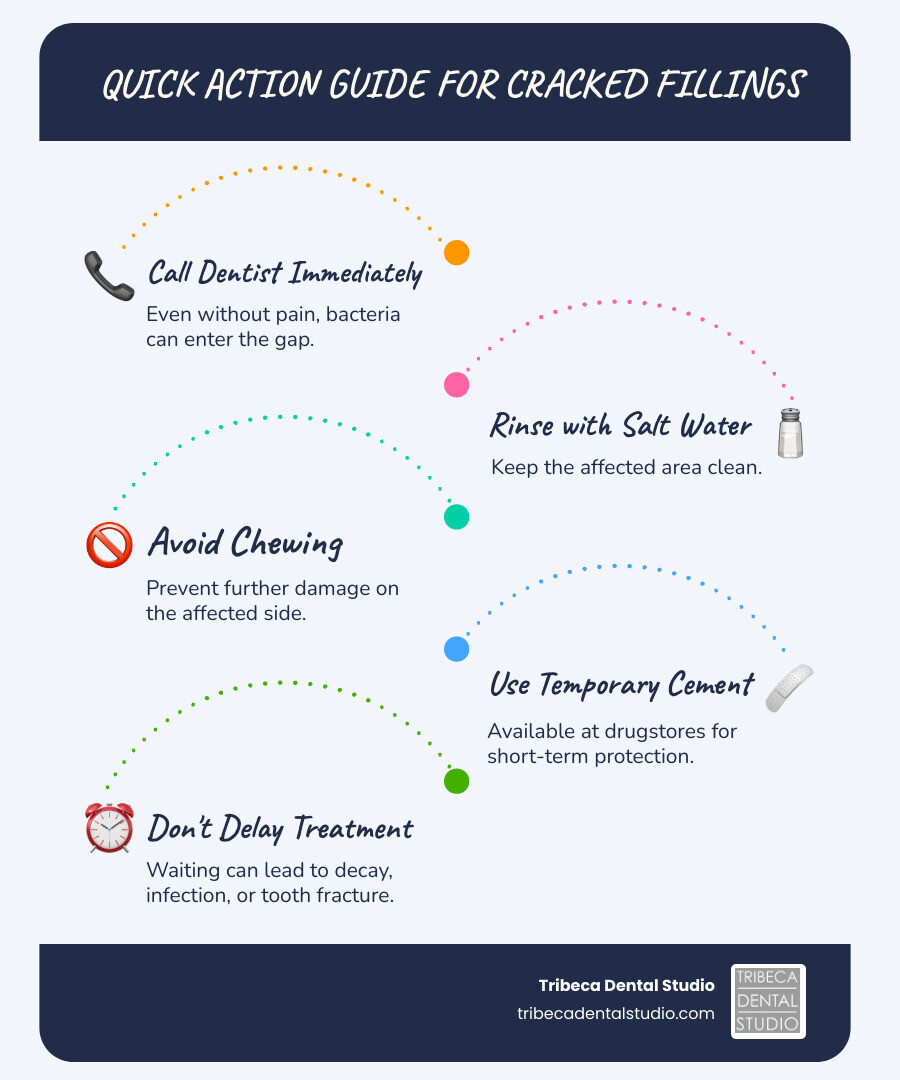 Infographic showing immediate steps when you discover a cracked filling: 1. Contact your dentist within 48 hours, 2. Rinse mouth with warm salt water, 3. Apply temporary dental cement if available, 4. Avoid hard or sticky foods, 5. Take over-the-counter pain relief if needed. Warning signs requiring urgent care: throbbing pain, visible swelling, fever, or pus. Professional repair options include: filling replacement, dental crown, inlay/onlay, or root canal if infection has spread. Prevention tips: regular dental checkups every 6 months, wear a nightguard if you grind teeth, avoid chewing ice or hard objects, maintain good oral hygiene. - cracked filling repair infographic infographic-line-5-steps-blues-accent_colors Infographic showing immediate steps when you discover a cracked filling: 1. Contact your dentist within 48 hours, 2. Rinse mouth with warm salt water, 3. Apply temporary dental cement if available, 4. Avoid hard or sticky foods, 5. Take over-the-counter pain relief if needed. Warning signs requiring urgent care: throbbing pain, visible swelling, fever, or pus. Professional repair options include: filling replacement, dental crown, inlay/onlay, or root canal if infection has spread. Prevention tips: regular dental checkups every 6 months, wear a nightguard if you grind teeth, avoid chewing ice or hard objects, maintain good oral hygiene. - cracked filling repair infographic infographic-line-5-steps-blues-accent_colors