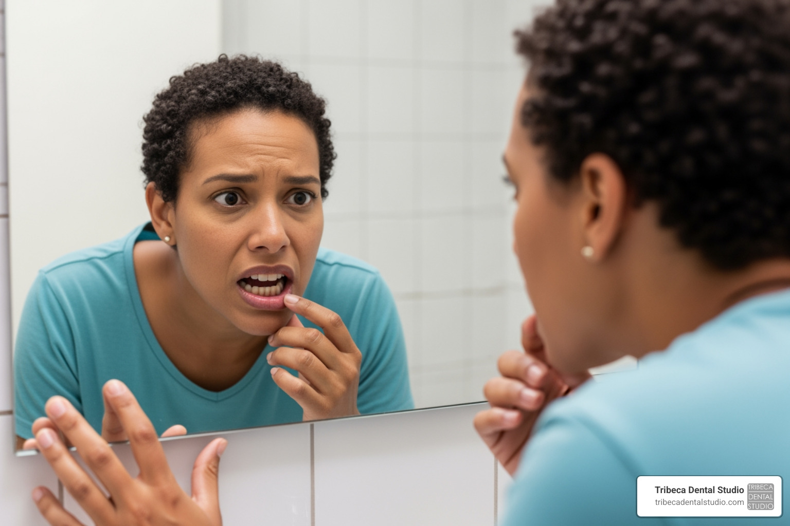 person looking at their tooth in the mirror with a concerned expression - cracked filling repair person looking at their tooth in the mirror with a concerned expression - cracked filling repair