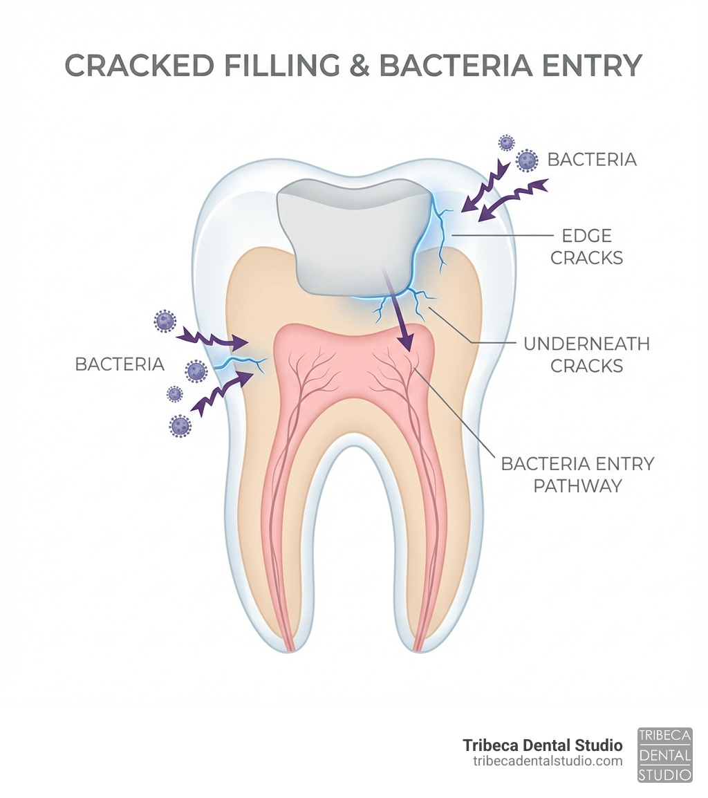 infographic showing cross-section of a tooth with a filling, highlighting common crack locations at the edges and underneath the filling, plus arrows indicating where bacteria can enter through cracks - my filling cracked infographic infographic showing cross-section of a tooth with a filling, highlighting common crack locations at the edges and underneath the filling, plus arrows indicating where bacteria can enter through cracks - my filling cracked infographic