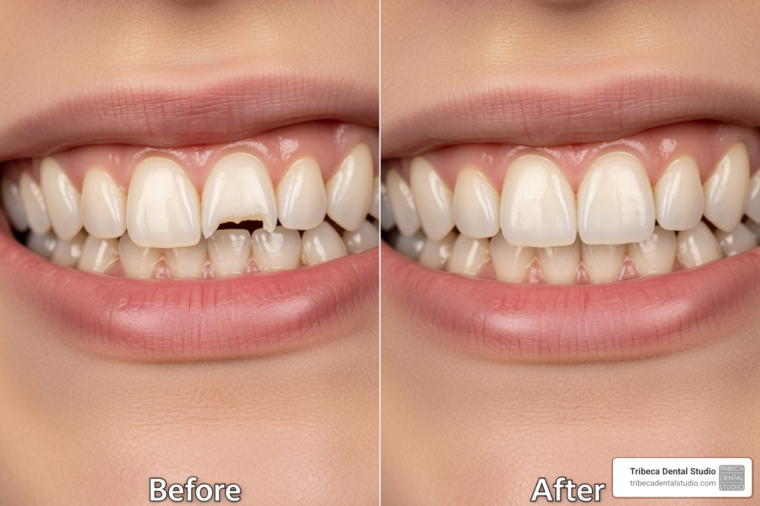 before-and-after of a chipped tooth repaired with dental bonding - i chipped my front tooth can it be fixed