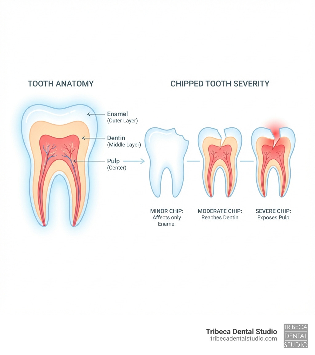 Infographic showing tooth anatomy with enamel outer layer, dentin middle layer, and pulp center, alongside illustrations of minor chip affecting only enamel, moderate chip reaching dentin, and severe chip exposing pulp - i chipped my front tooth can it be fixed infographic 