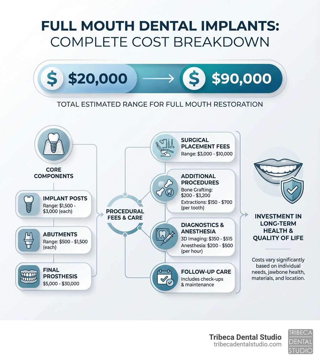 Infographic showing the complete cost breakdown of full mouth dental implants: implant posts ($1,500-$3,000 each), abutments ($500-$1,500 each), final prosthesis ($5,000-$30,000), surgical placement fees ($3,000-$10,000), additional procedures like bone grafting ($200-$3,200), extractions ($150-$700 per tooth), 3D imaging ($350-$515), anesthesia ($200-$500 per hour), and follow-up care. Total range shown: $20,000-$90,000 for full mouth restoration. - how much does a full set of teeth implants cost infographic 