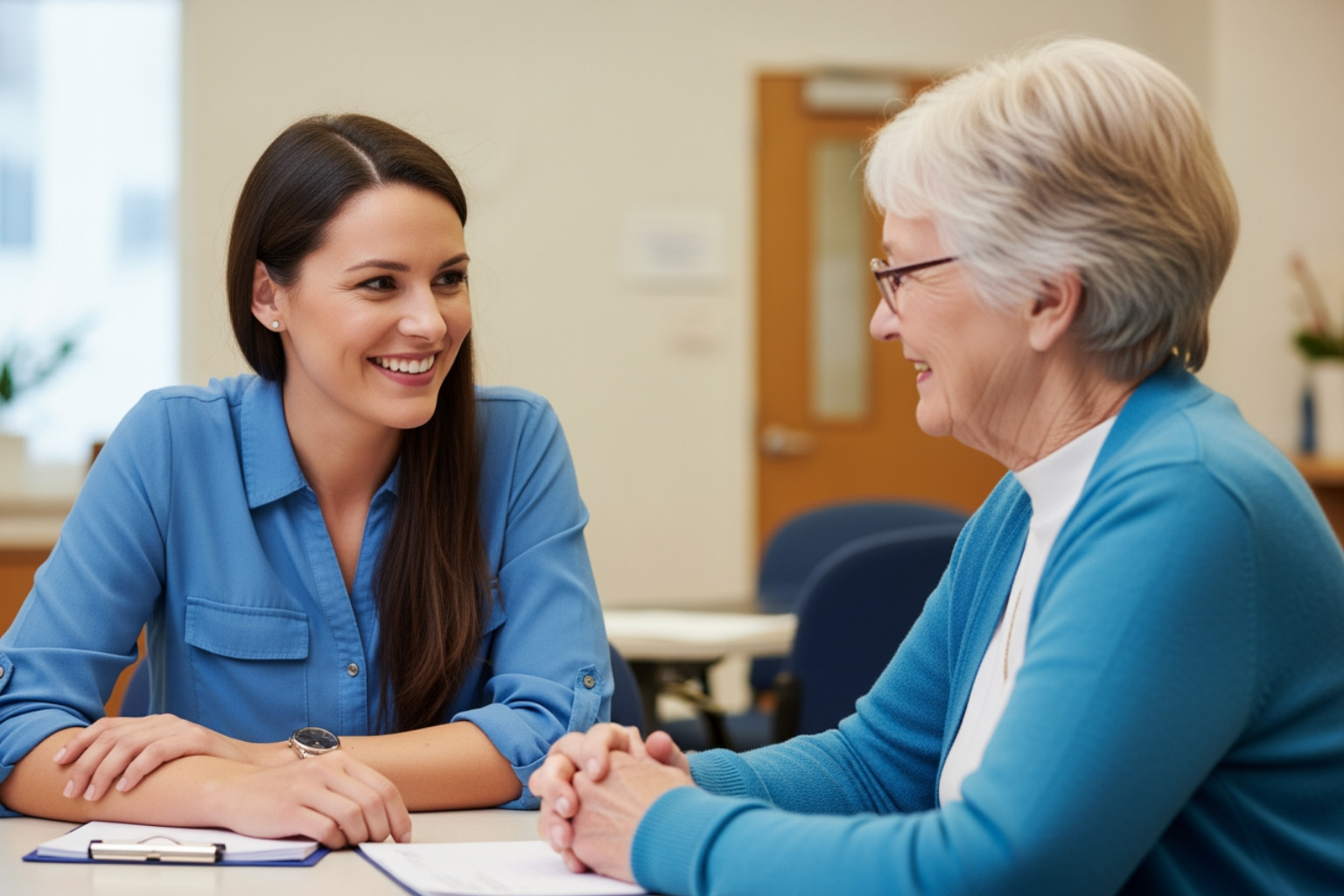 friendly housing counselor speaking with an older adult - cheap assisted living facilities near me