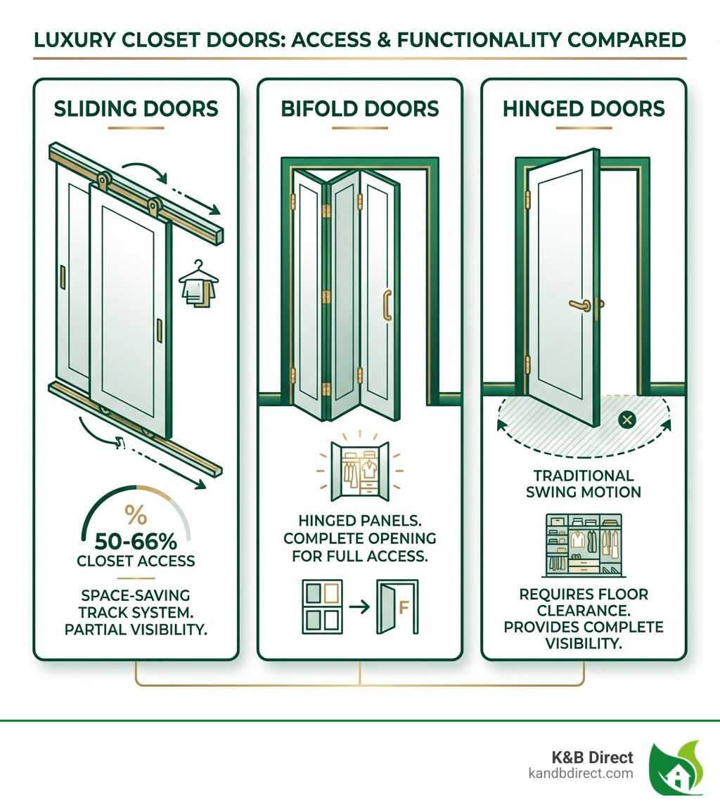 infographic showing three door types side by side: sliding doors with space-saving track system and 50-66% closet access, bifold doors with hinged panels offering full access when open, and hinged doors with traditional swing motion requiring floor clearance but providing complete visibility - Luxury closet doors infographic 