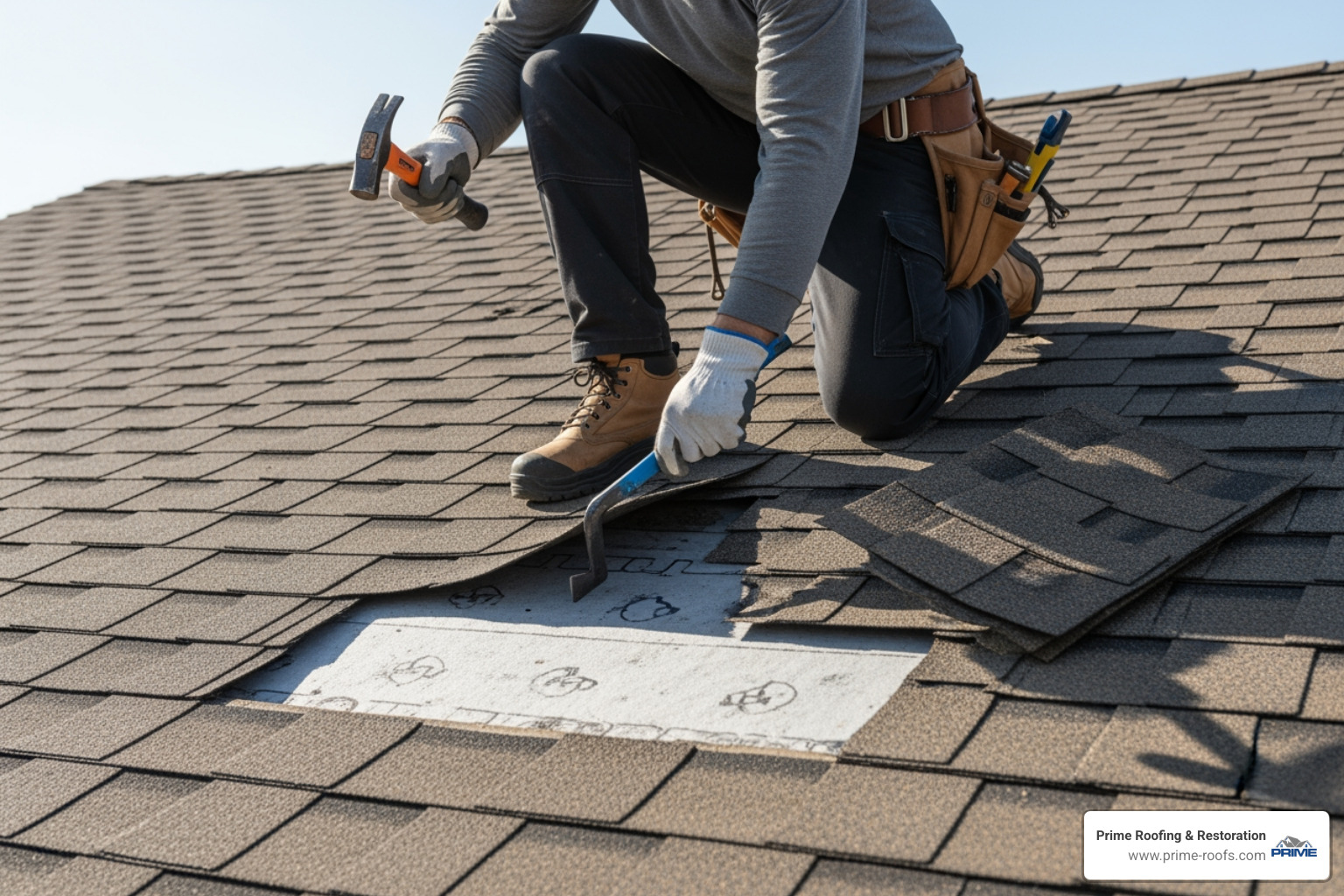 a person safely repairing a single shingle with proper tools - roof repair