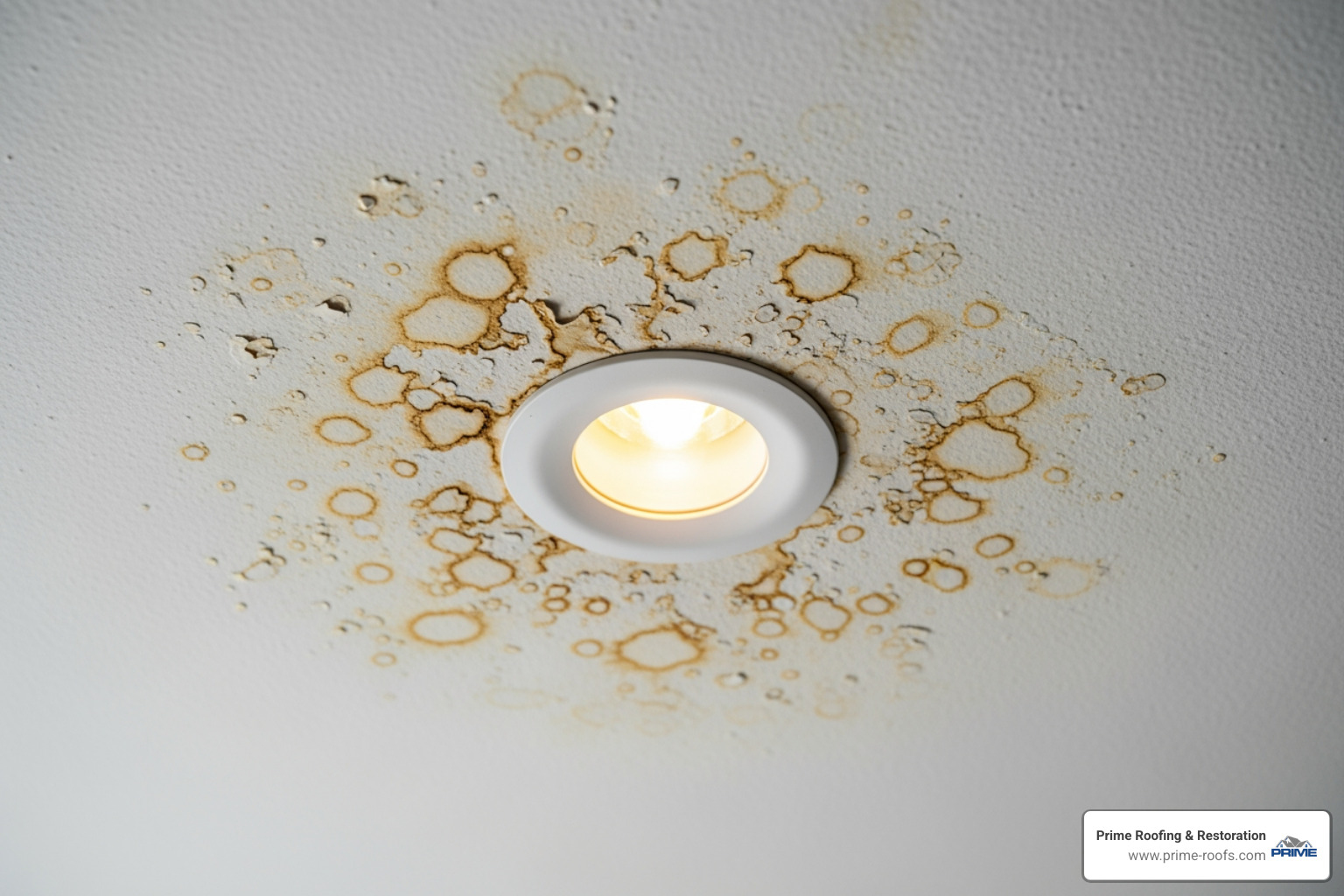 water stains on a ceiling next to a light fixture - roof repair