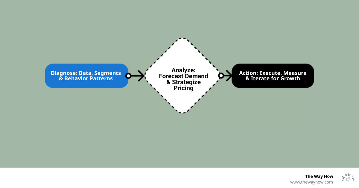 Infographic showing the Revenue Management Analytics Cycle: Step 1 - Diagnose (Gather historical data, segment customers, identify patterns in behavior). Step 2 - Forecast (Predict future demand using trends, seasonality, and external factors). Step 3 - Strategize (Set pricing rules, inventory controls, and sales guidelines based on forecasts). Step 4 - Execute (Align sales teams, implement pricing, communicate strategy across departments). Step 5 - Measure (Track KPIs like ARPA, churn, forecast accuracy, and iterate based on results). Arrows connect each step in a continuous cycle, emphasizing that revenue management is an ongoing process, not a one-time project. - revenue management and analytics infographic flowmap_simple
