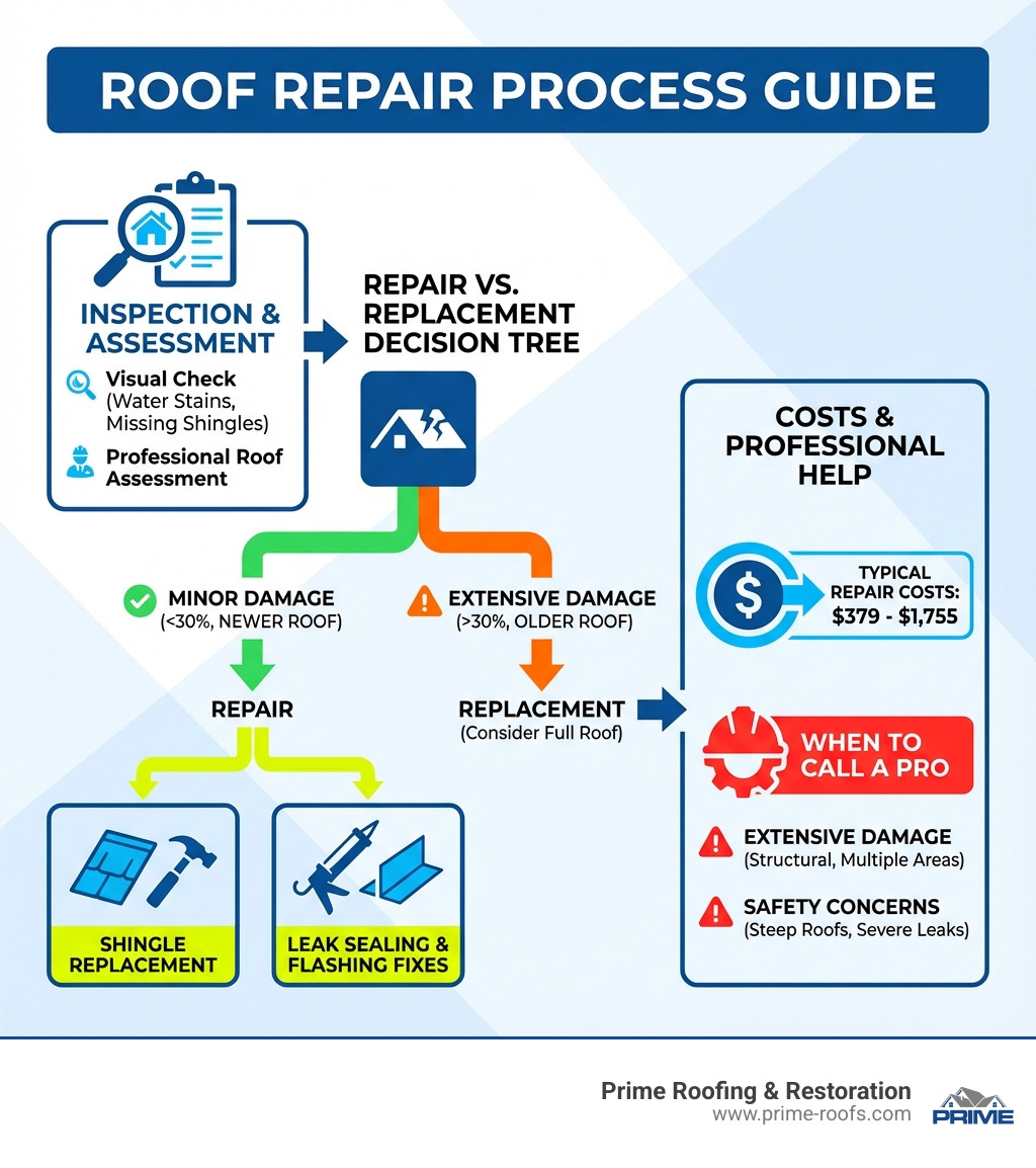 Roof Repair Process Infographic showing inspection, damage assessment, repair vs. replacement decision tree, common repair types including shingle replacement and leak sealing, typical costs ranging from $379-$1755, and when to call a professional contractor for extensive damage or safety concerns - roof repair infographic 
