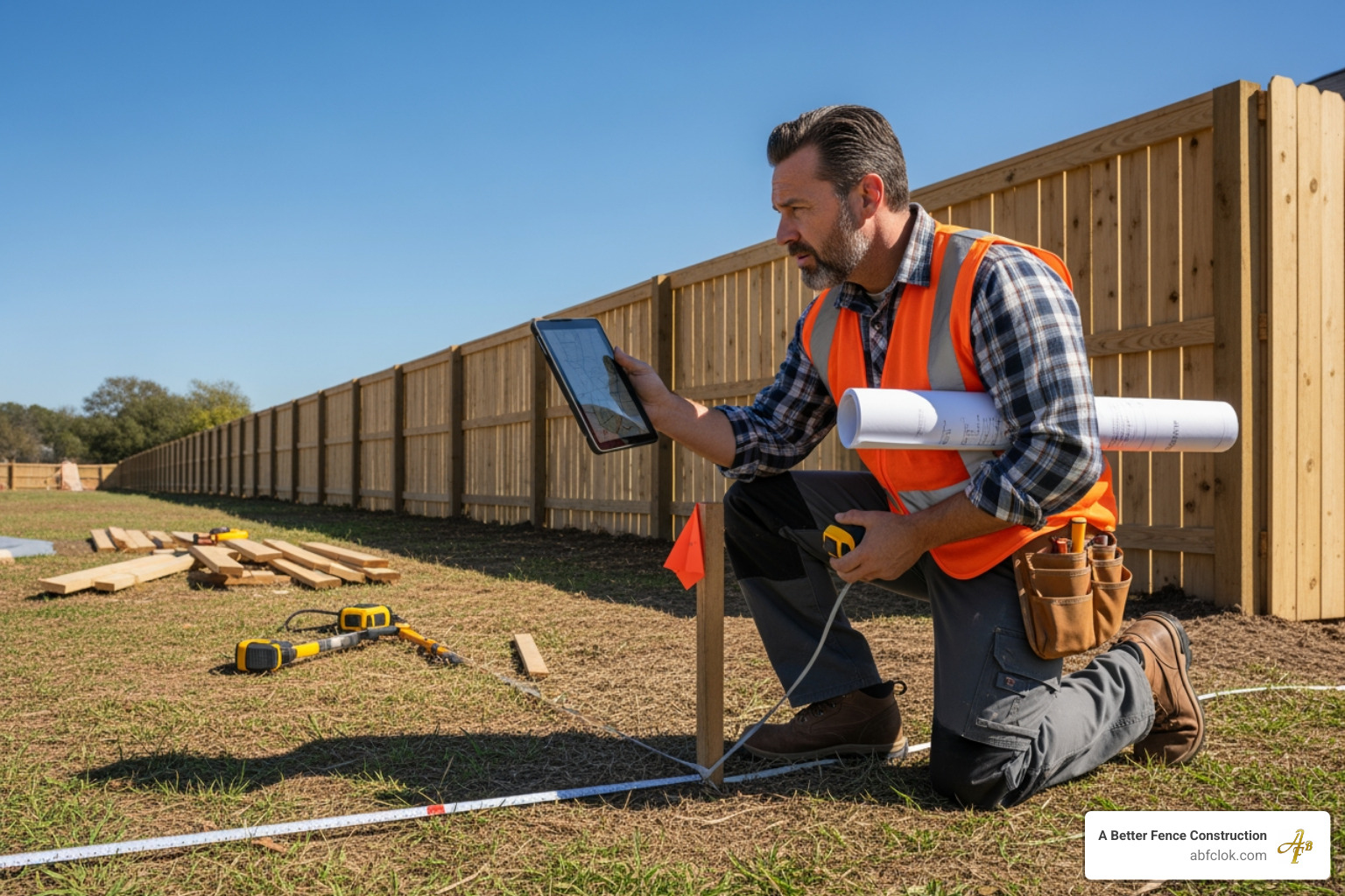 A contractor measuring a property line for a fence quote - chain link fence installer near me A contractor measuring a property line for a fence quote - chain link fence installer near me