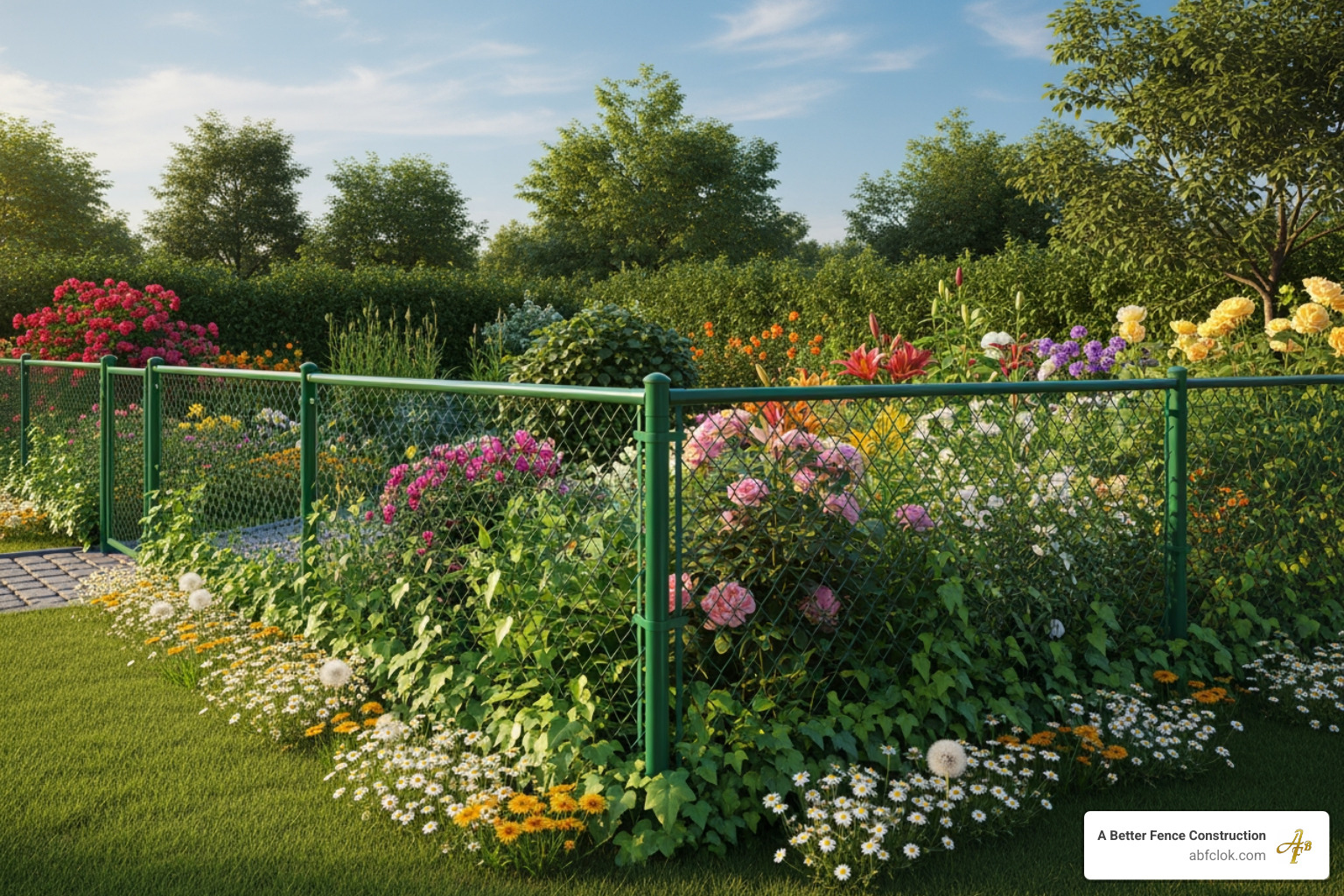 A vinyl-coated chain link fence around a garden - chain link fence installer near me A vinyl-coated chain link fence around a garden - chain link fence installer near me