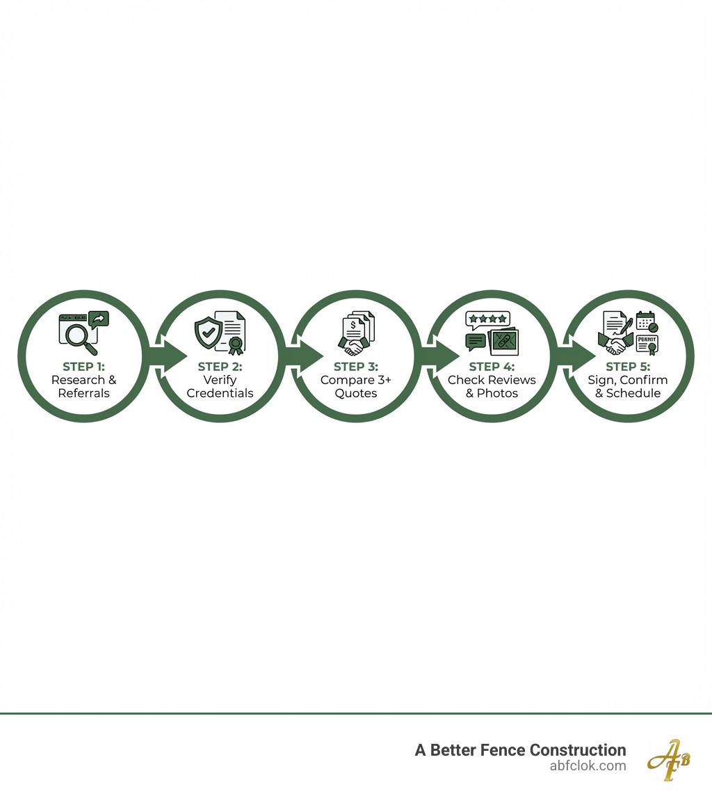 Infographic showing the 5-step process of hiring a chain link fence installer: Step 1 - Research local installers online and gather referrals; Step 2 - Verify licenses, insurance, and certifications; Step 3 - Request and compare at least 3 detailed quotes; Step 4 - Check references, reviews, and past project photos; Step 5 - Sign contract, confirm permits, and schedule installation - chain link fence installer near me infographic Infographic showing the 5-step process of hiring a chain link fence installer: Step 1 - Research local installers online and gather referrals; Step 2 - Verify licenses, insurance, and certifications; Step 3 - Request and compare at least 3 detailed quotes; Step 4 - Check references, reviews, and past project photos; Step 5 - Sign contract, confirm permits, and schedule installation - chain link fence installer near me infographic