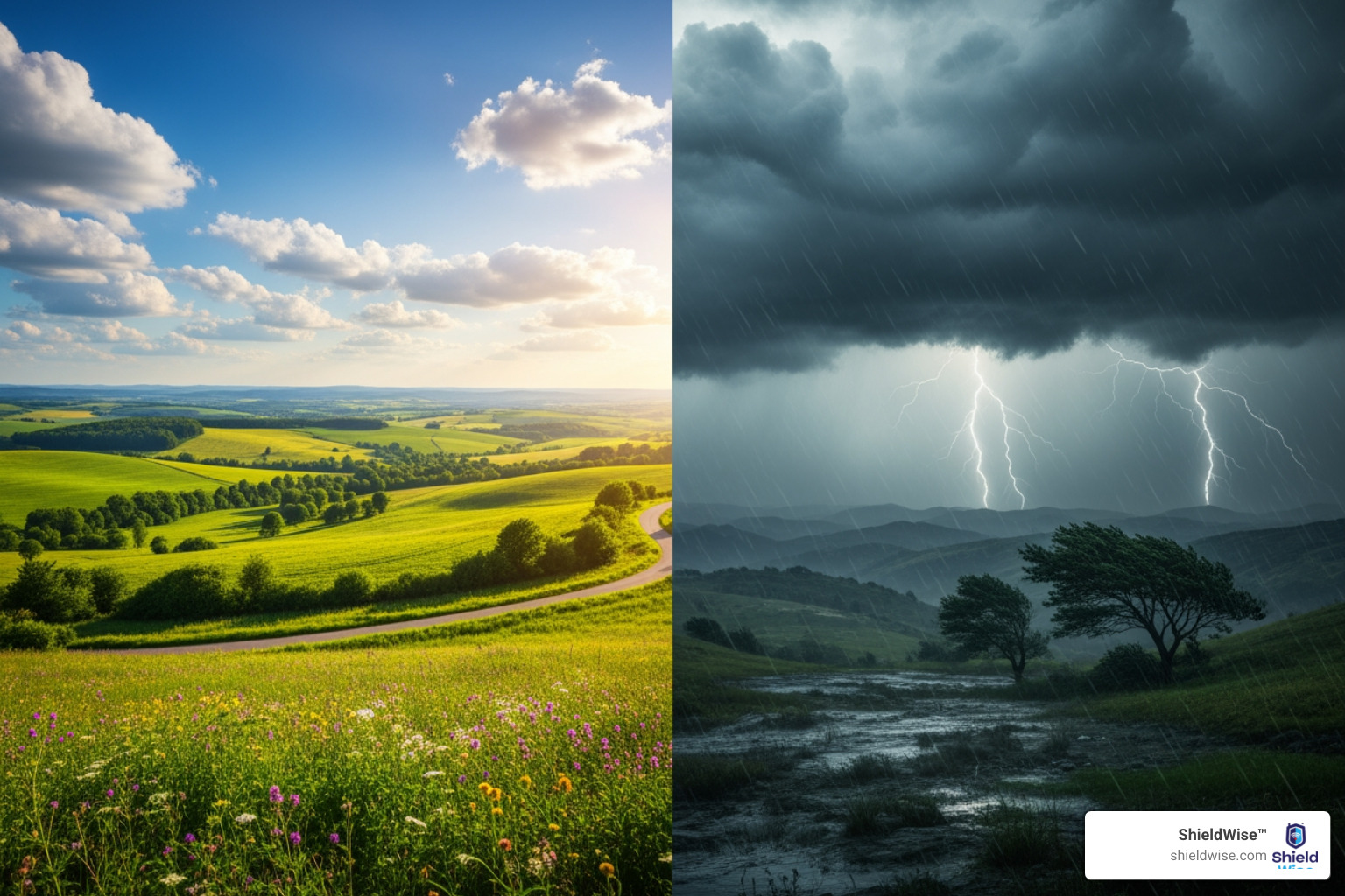 Split-screen of benefits (sunny day) and risks (stormy clouds) - indexed universal life for retirement Split-screen of benefits (sunny day) and risks (stormy clouds) - indexed universal life for retirement
