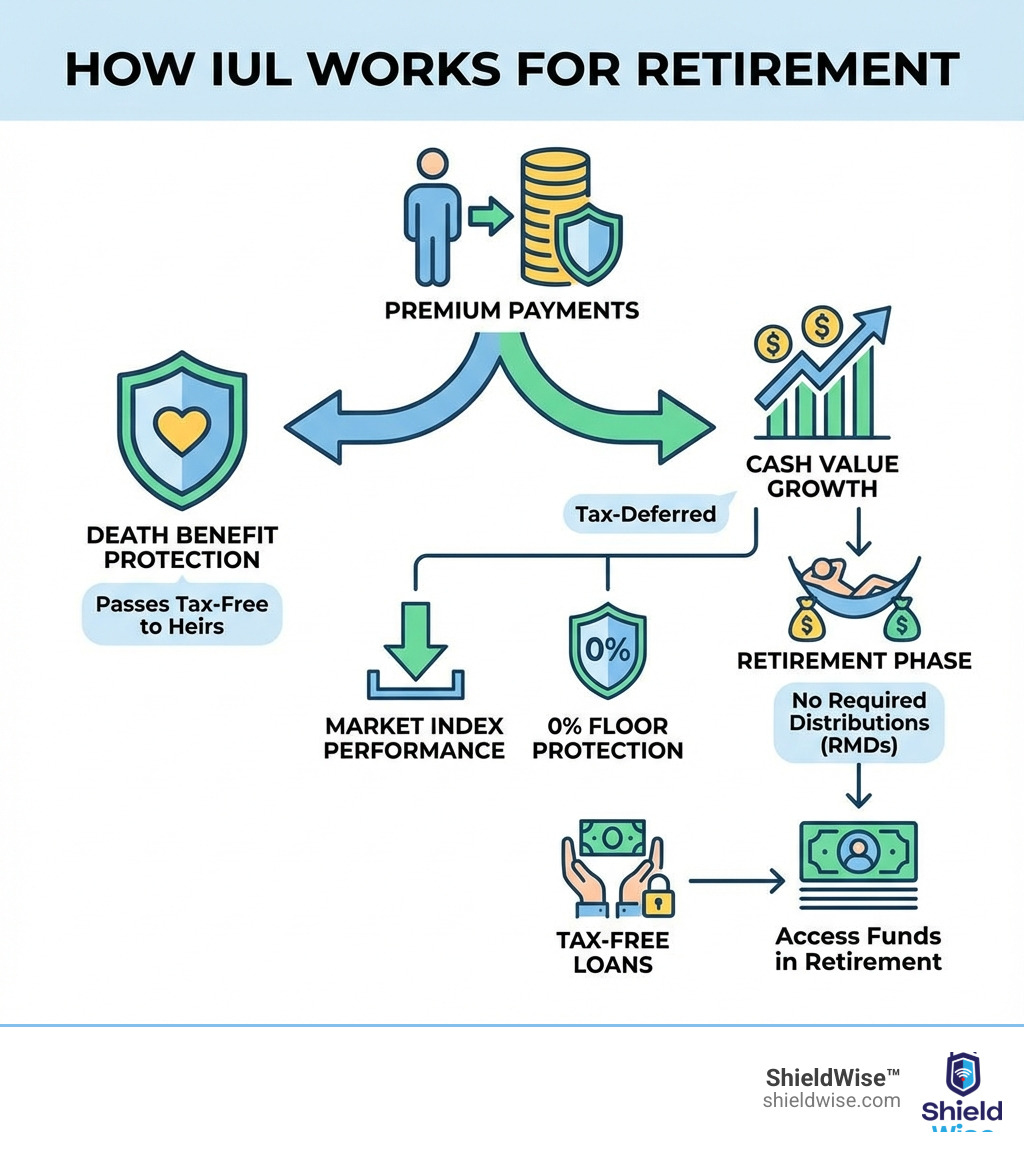 Infographic showing how IUL for retirement works: premium payments split between death benefit protection and cash value growth, cash value grows tax-deferred based on market index performance with 0% floor protection, access funds through tax-free loans in retirement with no required distributions, and death benefit passes tax-free to heirs - indexed universal life for retirement infographic Infographic showing how IUL for retirement works: premium payments split between death benefit protection and cash value growth, cash value grows tax-deferred based on market index performance with 0% floor protection, access funds through tax-free loans in retirement with no required distributions, and death benefit passes tax-free to heirs - indexed universal life for retirement infographic