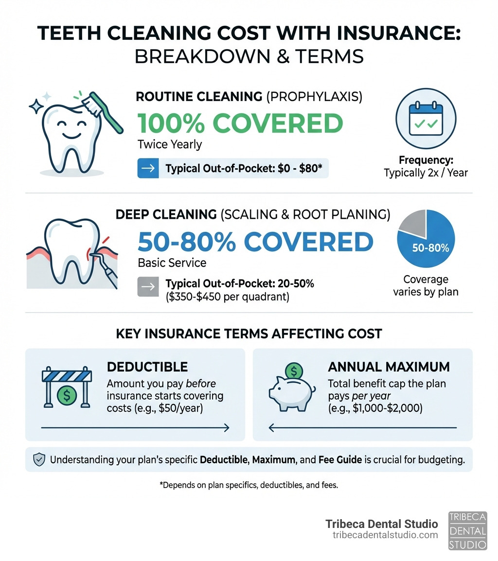 infographic showing breakdown of dental cleaning costs with insurance coverage percentages, including routine cleaning at 100% coverage twice yearly, deep cleaning at 50-80% coverage, typical out-of-pocket costs, and key insurance terms like deductible and annual maximum - teeth cleaning cost with insurance infographic 