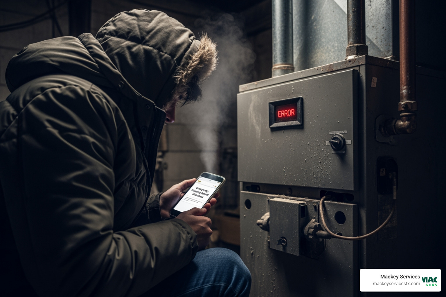 Infographic showing emergency furnace failure response steps including checking thermostat settings, inspecting air filters, verifying circuit breakers, checking gas valves, identifying safety hazards like yellow pilot lights or gas smells, and when to immediately call professional emergency repair services - "It's cold and I have no heat from furnace pasadena. Who provides emergency heating repair? Infographic showing emergency furnace failure response steps including checking thermostat settings, inspecting air filters, verifying circuit breakers, checking gas valves, identifying safety hazards like yellow pilot lights or gas smells, and when to immediately call professional emergency repair services - "It's cold and I have no heat from furnace pasadena. Who provides emergency heating repair?