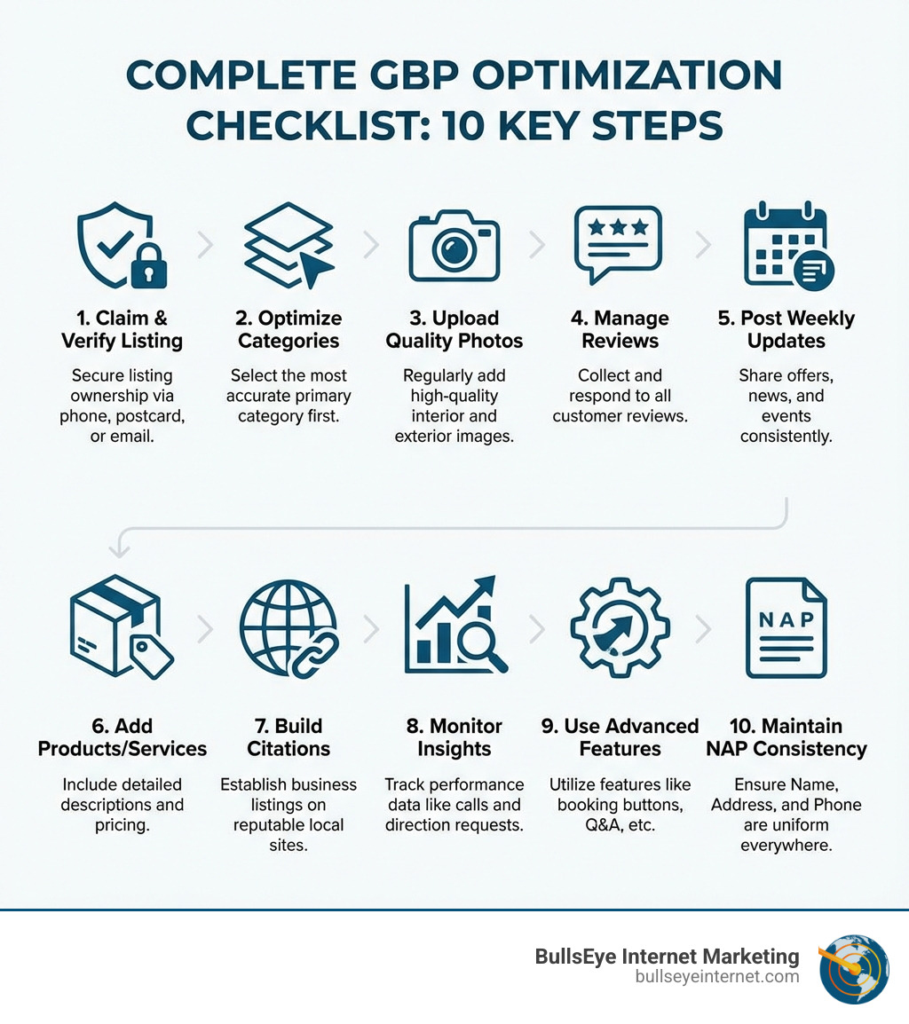 Infographic showing the complete GBP optimization checklist with 10 key steps: claim and verify listing, optimize categories, upload quality photos, manage reviews, post weekly updates, add products/services, build citations, monitor insights, use advanced features, and maintain NAP consistency - gbp optimization checklist infographic Complete GBP optimization checklist with 10 key steps for enhancing local business visibility and engagement, featuring icons for each step, including claiming listings, optimizing categories, uploading quality photos, managing reviews, and maintaining NAP consistency.