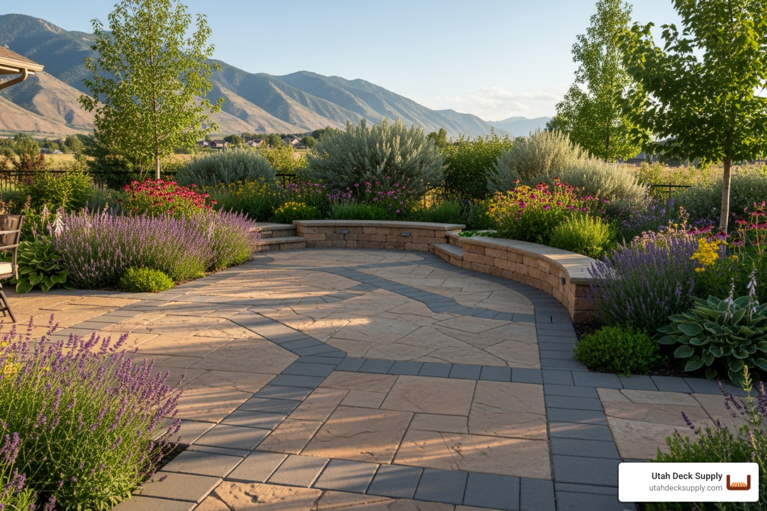 of a stunning multi-material patio featuring natural stone and concrete pavers, with lush garden beds in the background - outdoor living materials