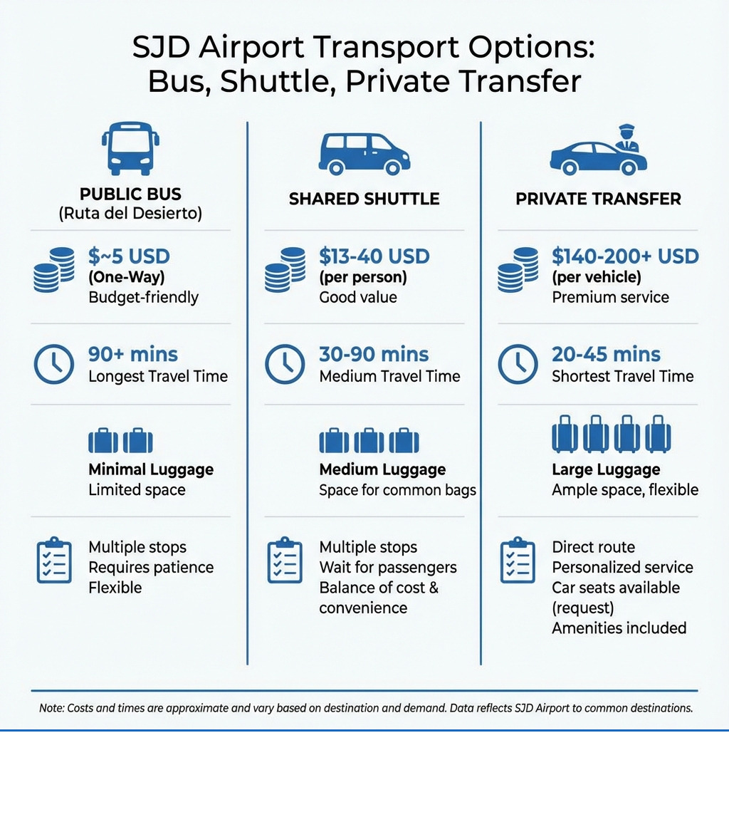 Comparison infographic showing public bus, shared shuttle, and private transfer options with icons for cost, travel time, luggage capacity, and features - transporte aeropuerto san jose del cabo infographic Comparison infographic showing public bus, shared shuttle, and private transfer options with icons for cost, travel time, luggage capacity, and features - transporte aeropuerto san jose del cabo infographic
