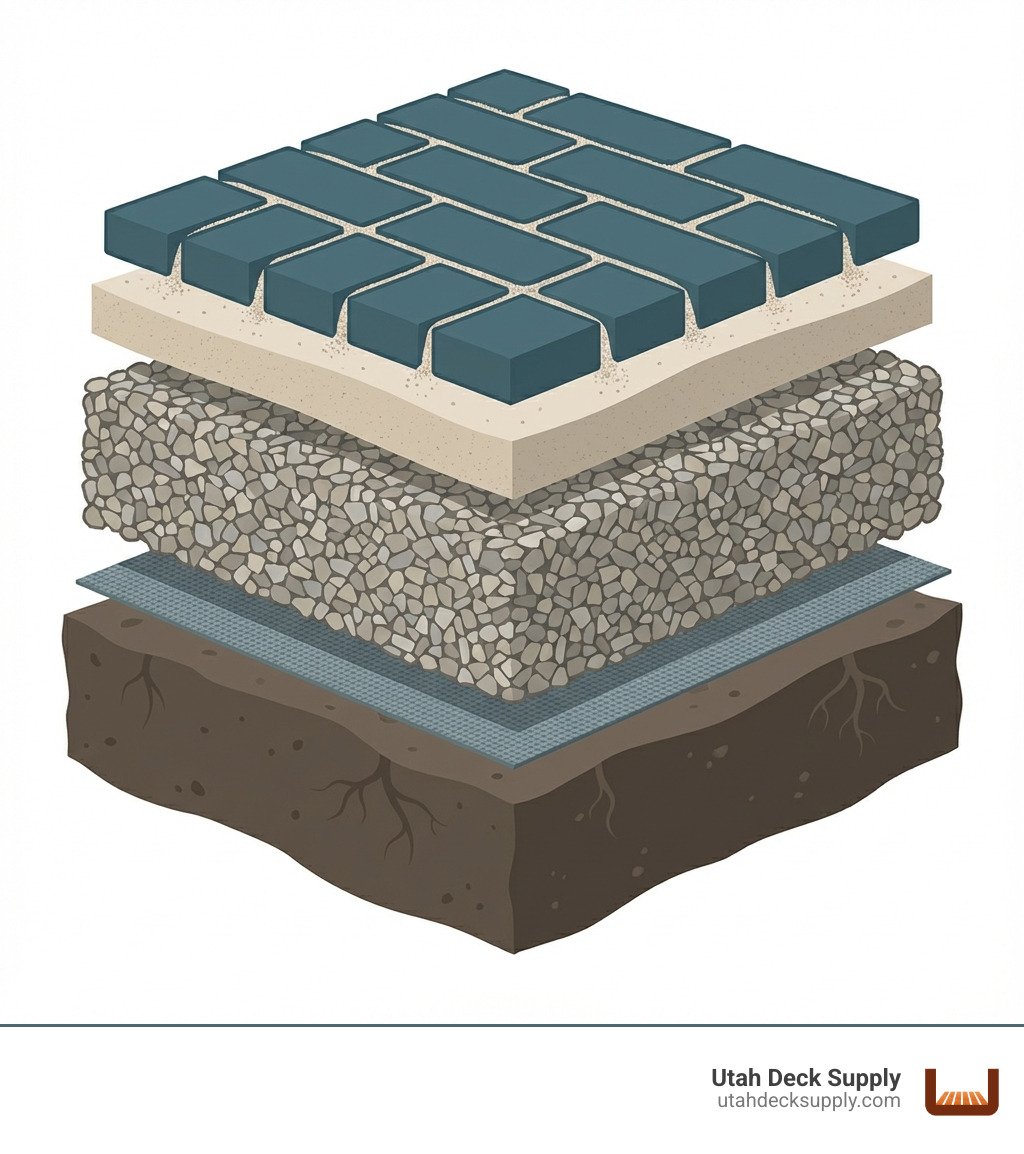 showing the basic layers of a paver patio installation: native soil, geotextile fabric, compacted gravel base, sand bed, pavers, and joint sand - outdoor living materials infographic 