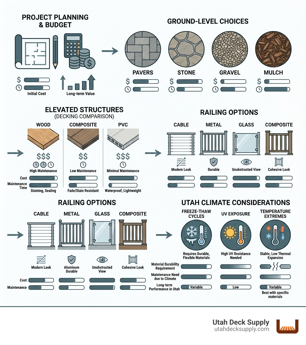 Infographic showing the complete outdoor living material selection process: starting with project planning and budget, moving through ground-level choices (pavers, stone, gravel, mulch), then elevated structures (decking materials comparison of wood, composite, and PVC with maintenance levels), railing options (cable, metal, glass, composite), and finishing with climate considerations specific to Utah including freeze-thaw cycles, UV exposure, and temperature extremes; includes cost comparison bars and maintenance time estimates for each material category - outdoor living materials infographic 