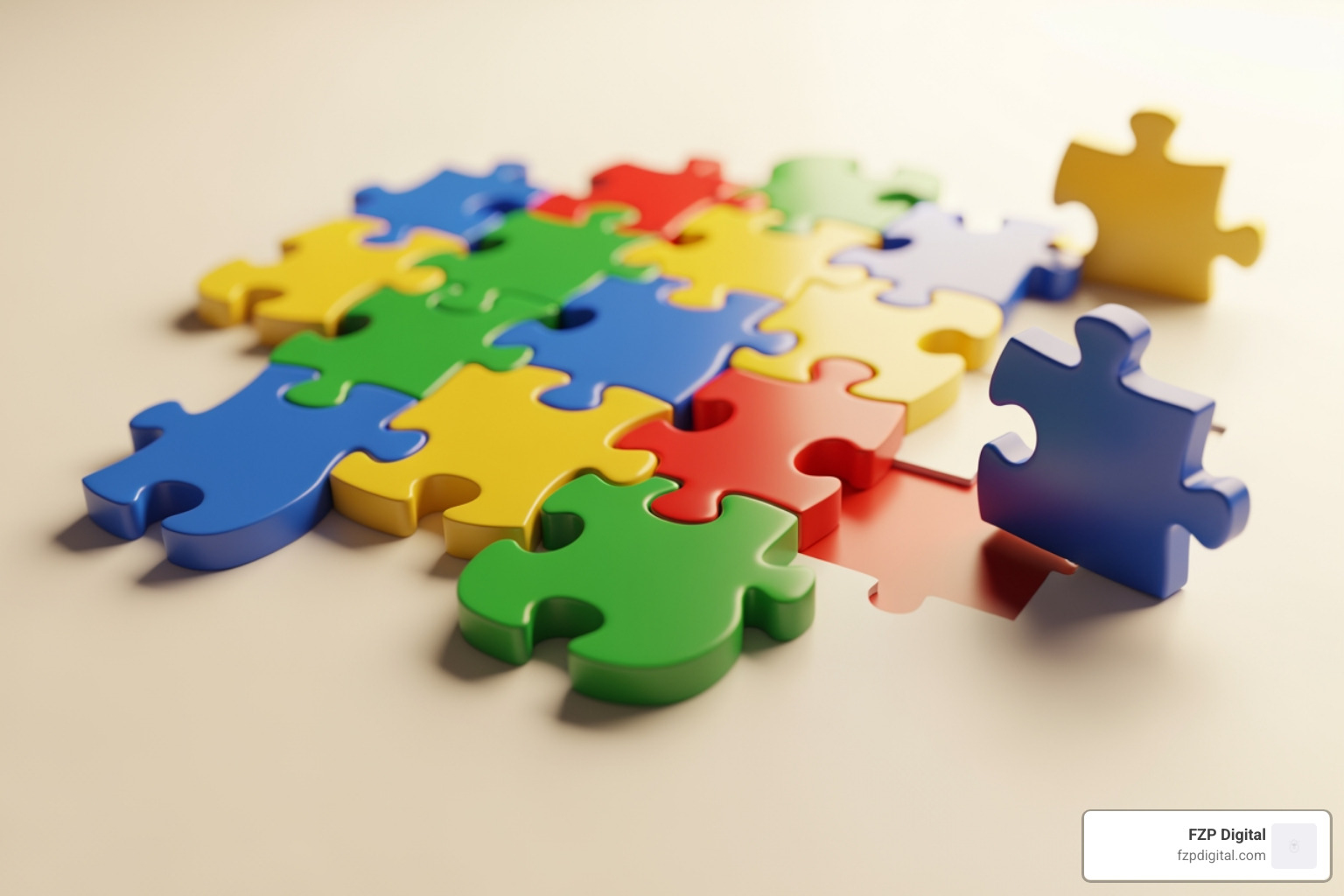 Puzzle pieces coming together, labeled Keywords, Content, Links, and Technical SEO, representing a comprehensive strategy - search engine optimization pa Puzzle pieces coming together, labeled Keywords, Content, Links, and Technical SEO, representing a comprehensive strategy - search engine optimization pa