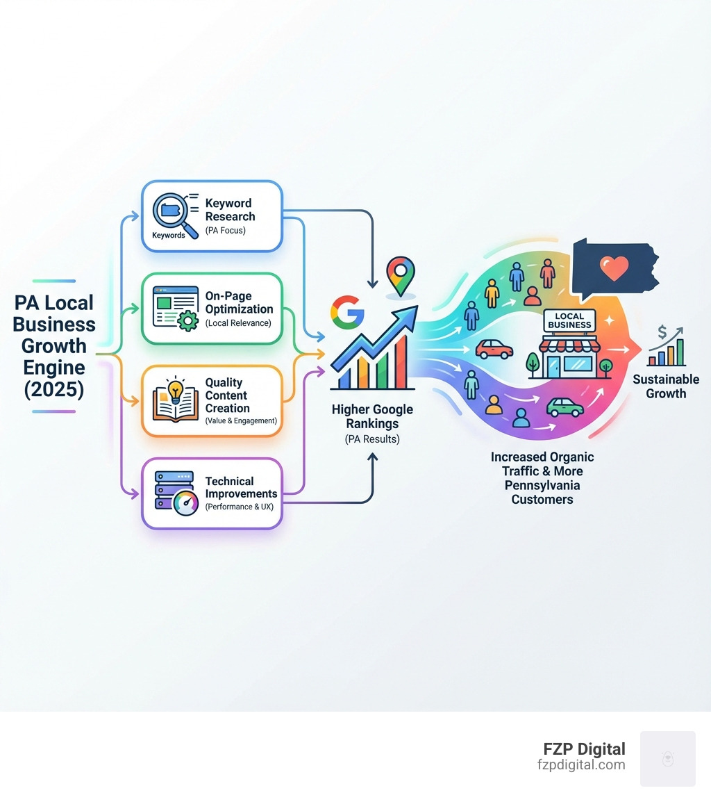 Infographic showing how search engine optimization brings Pennsylvania customers to your local business through keyword research, on-page optimization, quality content creation, and technical improvements, resulting in higher Google rankings and increased organic traffic - search engine optimization pa infographic Infographic showing how search engine optimization brings Pennsylvania customers to your local business through keyword research, on-page optimization, quality content creation, and technical improvements, resulting in higher Google rankings and increased organic traffic - search engine optimization pa infographic