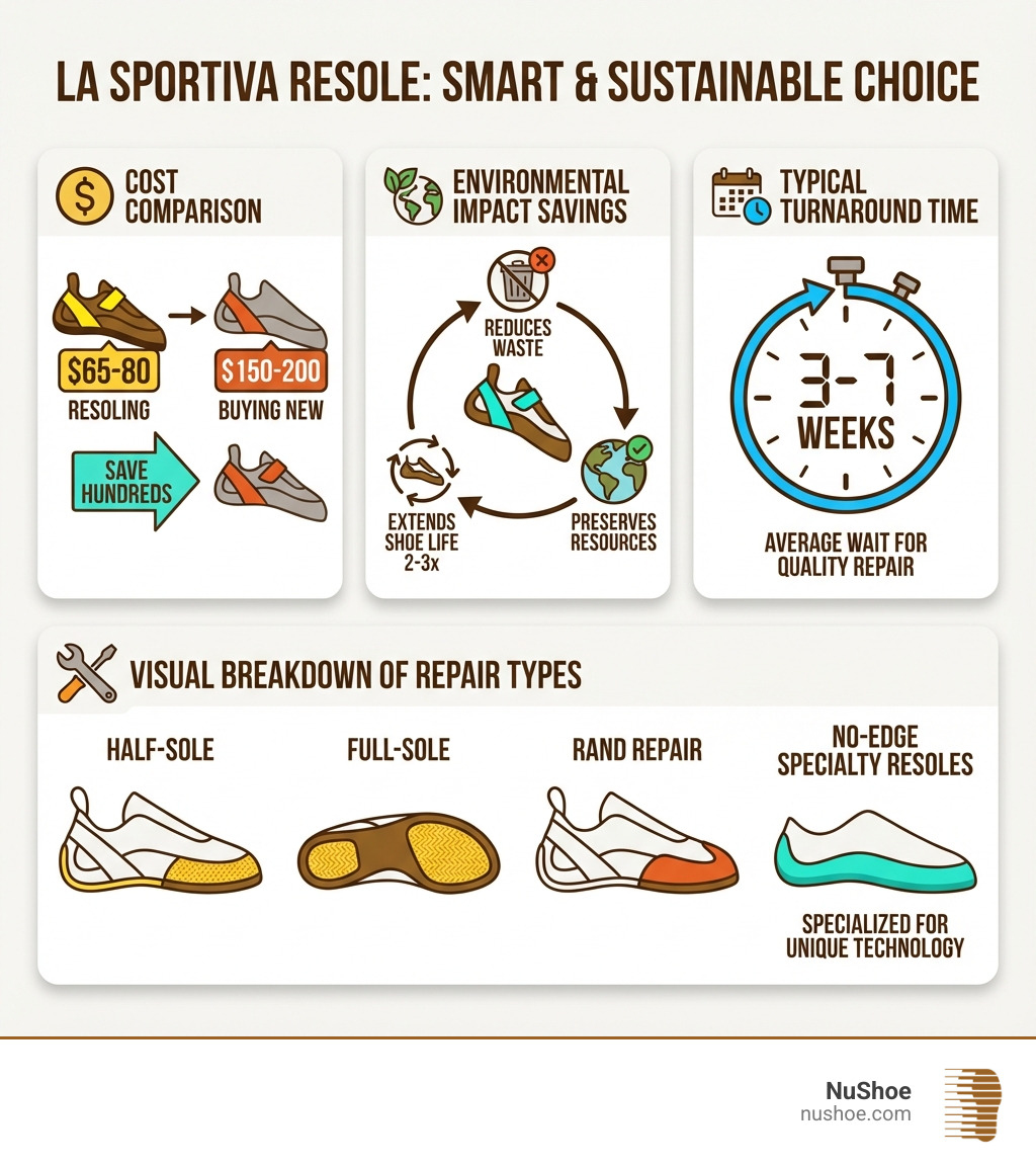 Infographic showing cost comparison: resoling La Sportiva shoes ($65-80) vs buying new ($150-200), environmental impact savings (reduces waste by extending shoe life 2-3x), and typical turnaround time (3-7 weeks). Includes visual breakdown of repair types: half-sole, full-sole, rand repair, and No-Edge specialty resoles. - la sportiva resole united states infographic Infographic showing cost comparison: resoling La Sportiva shoes ($65-80) vs buying new ($150-200), environmental impact savings (reduces waste by extending shoe life 2-3x), and typical turnaround time (3-7 weeks). Includes visual breakdown of repair types: half-sole, full-sole, rand repair, and No-Edge specialty resoles. - la sportiva resole united states infographic
