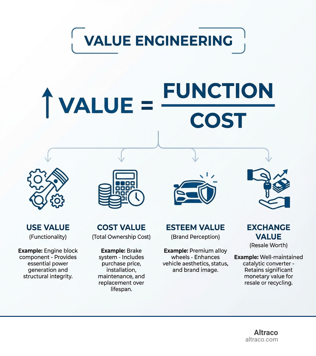 infographic showing Value Engineering formula and the four types of value: Use Value (functionality), Cost Value (total ownership cost), Esteem Value (brand perception), and Exchange Value (resale worth), with examples from automotive parts manufacturing - cost value engineering infographic 