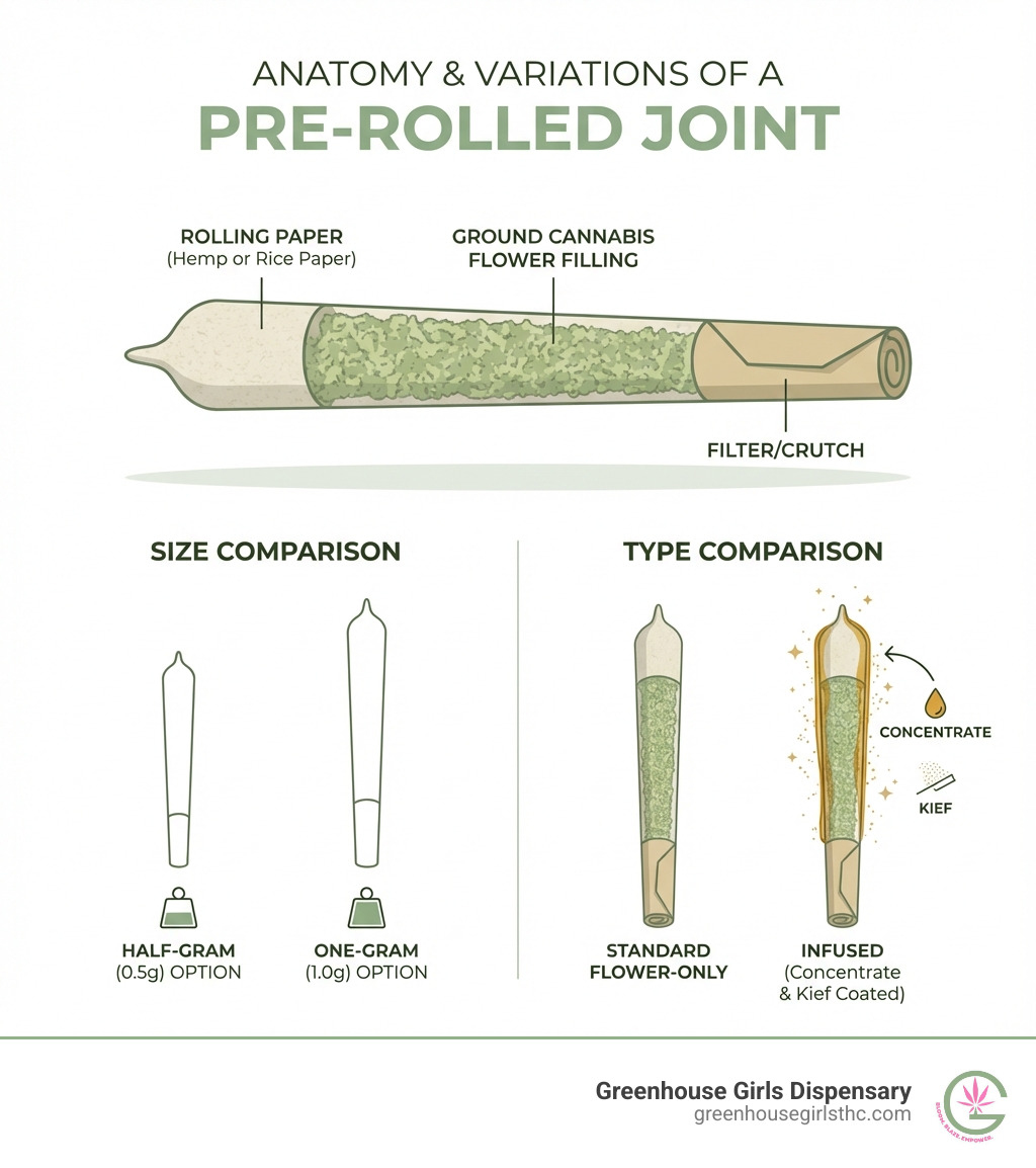 Infographic showing the anatomy of a pre-rolled joint with labeled parts: rolling paper (typically hemp or rice paper), ground cannabis flower filling, and filter/crutch at the base. The diagram also shows size comparisons between half-gram and one-gram options, plus the difference between standard flower-only pre-rolls and infused pre-rolls coated with concentrates or kief. - pre rolled joints nearby infographic 