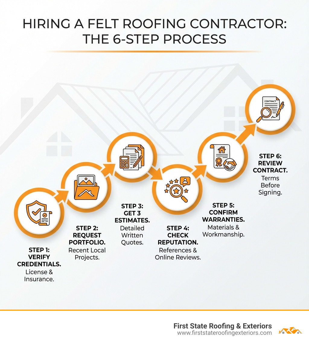 Infographic showing the hiring process for felt roofing contractors: Step 1 - Verify license and insurance credentials; Step 2 - Request portfolio of recent local projects; Step 3 - Get three detailed written estimates; Step 4 - Check references and online reviews; Step 5 - Confirm warranties on materials and workmanship; Step 6 - Review contract terms before signing - felt roofing contractors near me infographic 