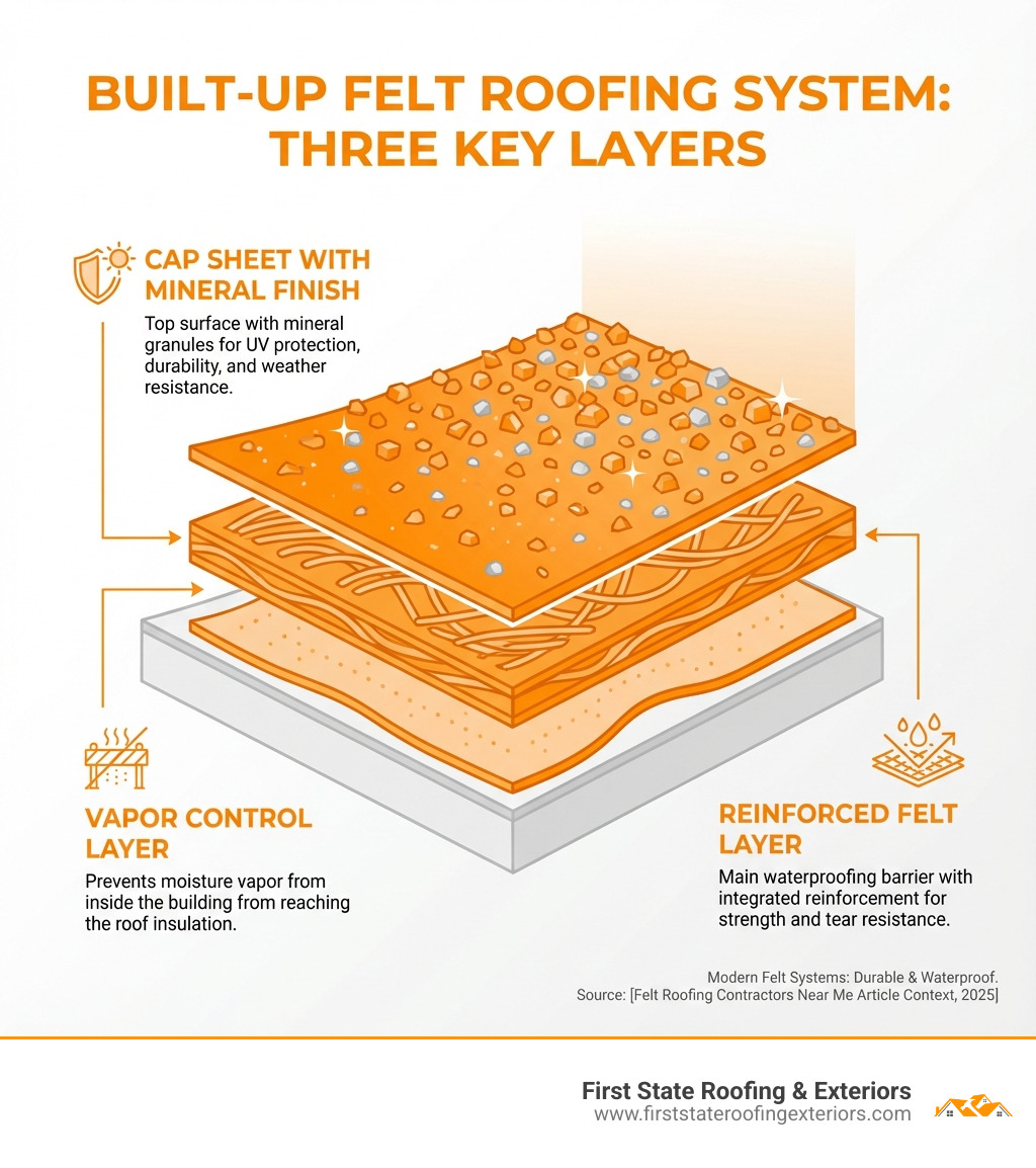 Infographic illustrating the three layers of a built-up felt roofing system: vapor control layer, reinforced felt layer, and cap sheet with mineral finish. - felt roofing contractors near me infographic 