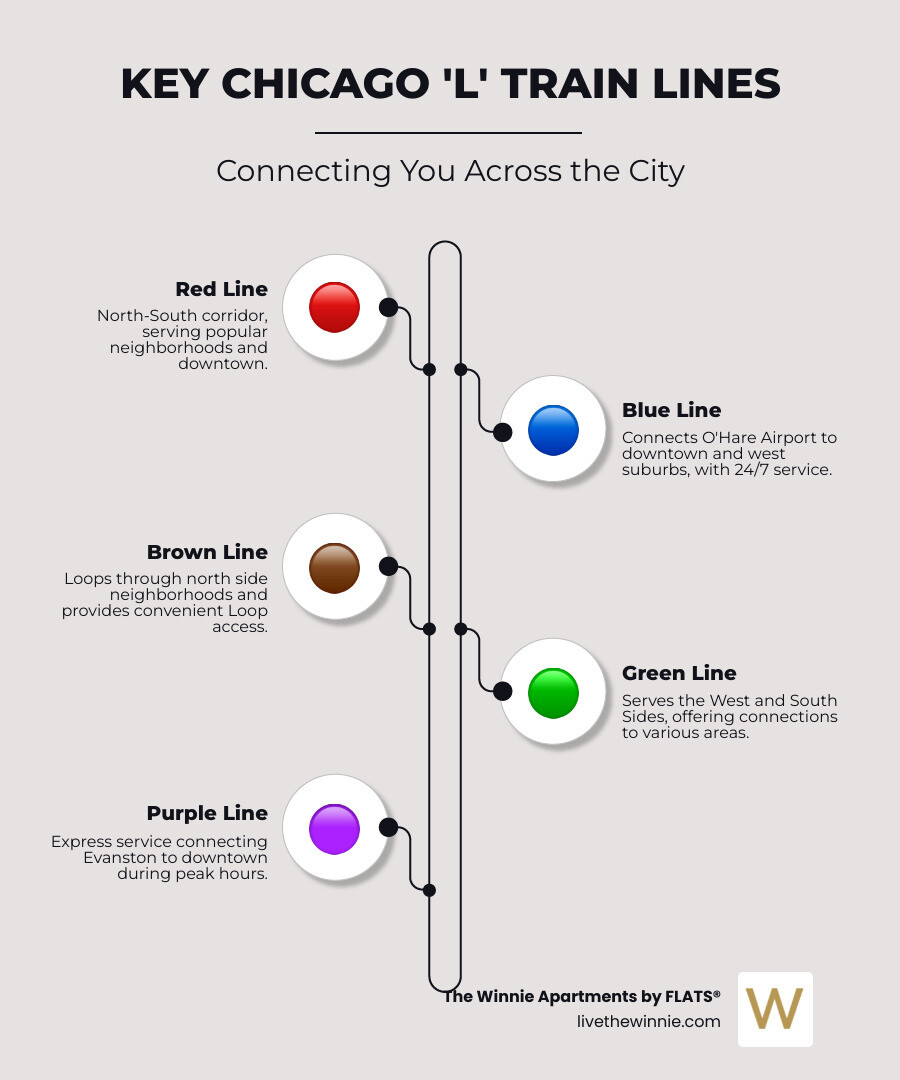 Infographic showing Chicago CTA L train lines including Red Line running north-south through the city, Blue Line connecting O'Hare Airport to downtown and west suburbs with 24-hour service, Brown Line looping through north side neighborhoods, Green Line serving west and south sides, Orange Line connecting Midway Airport, Pink Line to southwest neighborhoods, and Purple Line express to Evanston - chicago apartments near transit infographic infographic-line-5-steps-elegant_beige Infographic showing Chicago CTA L train lines including Red Line running north-south through the city, Blue Line connecting O'Hare Airport to downtown and west suburbs with 24-hour service, Brown Line looping through north side neighborhoods, Green Line serving west and south sides, Orange Line connecting Midway Airport, Pink Line to southwest neighborhoods, and Purple Line express to Evanston - chicago apartments near transit infographic infographic-line-5-steps-elegant_beige
