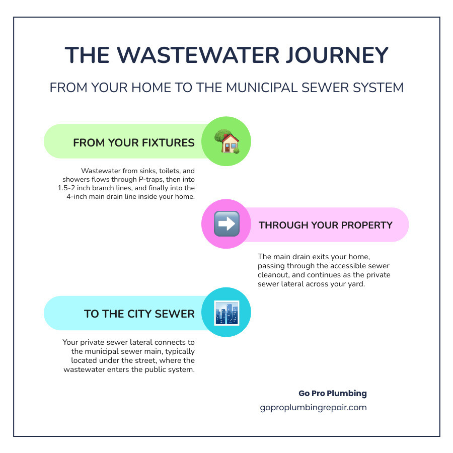 infographic showing the complete journey of wastewater from a kitchen sink through the P-trap, connecting to branch drain lines, flowing down the main drain line at the proper slope, passing through the sewer cleanout, exiting to the private sewer lateral in the yard, and finally connecting to the municipal sewer main under the street, with labels for each component and arrows showing gravity-driven flow direction - typical house drainage layout infographic infographic-line-3-steps-colors