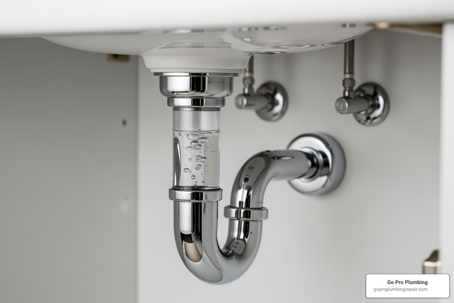 of a P-trap under a sink with labels for the water seal - typical house drainage layout