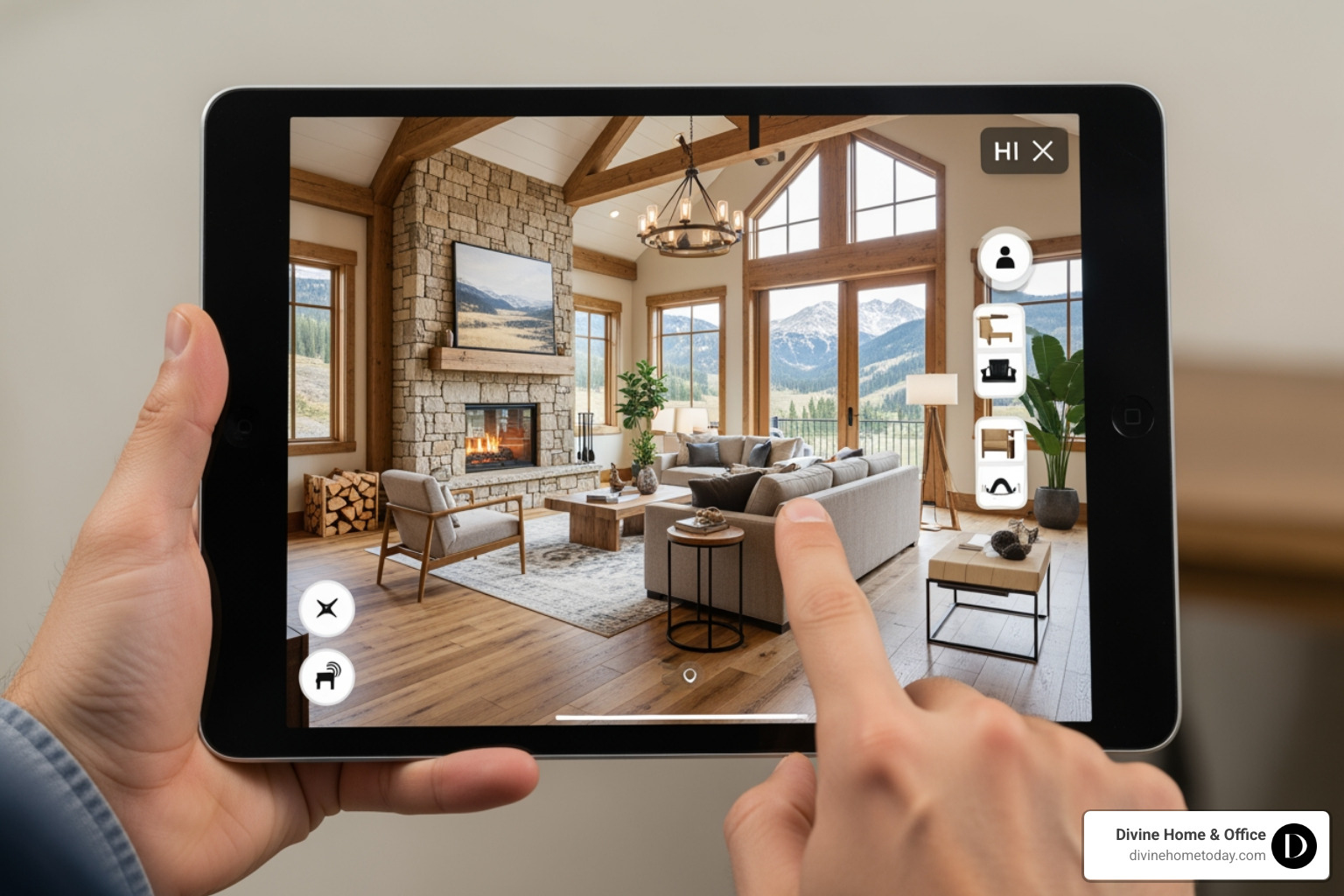 A designer's hand selecting virtual furniture models on a tablet, displaying a modern mountain living room interior - virtual staging services A designer's hand selecting virtual furniture models on a tablet, displaying a modern mountain living room interior - virtual staging services