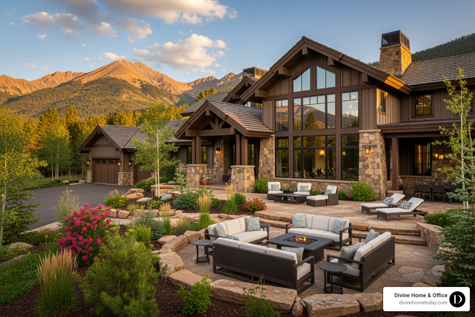 Million-dollar Colorado mountain home exterior, virtually staged with landscaping - virtual staging services Million-dollar Colorado mountain home exterior, virtually staged with landscaping - virtual staging services