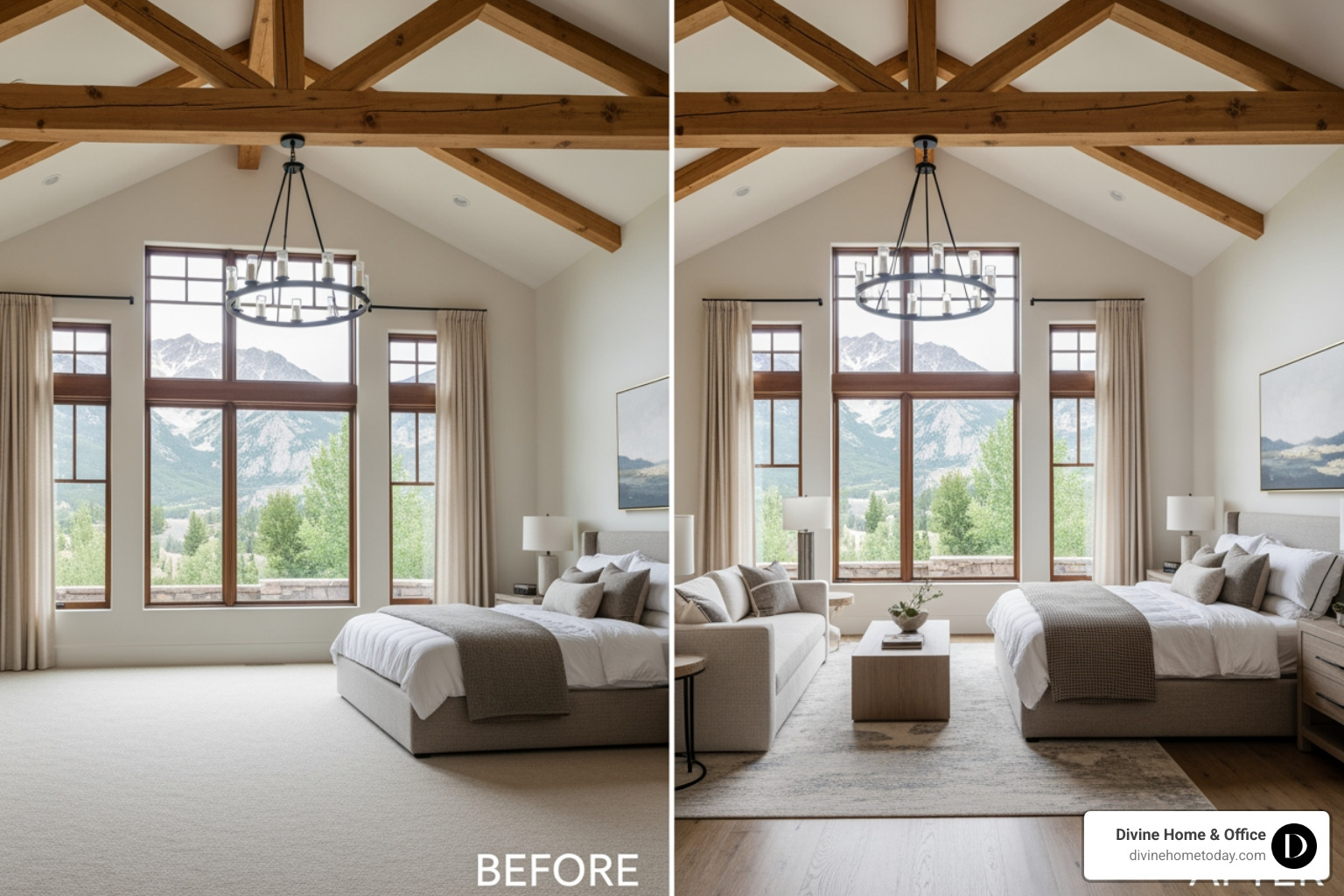 Rustic-modern Colorado luxury bedroom, before and after virtual staging - virtual staging services Rustic-modern Colorado luxury bedroom, before and after virtual staging - virtual staging services