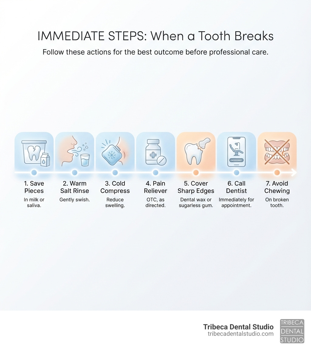 Infographic showing immediate steps when a tooth breaks: 1. Save any broken pieces in milk or saliva, 2. Rinse mouth with warm salt water, 3. Apply cold compress to reduce swelling, 4. Take over-the-counter pain reliever, 5. Cover sharp edges with dental wax or sugarless gum, 6. Call your dentist immediately for an emergency appointment, 7. Avoid chewing on the broken tooth - half tooth broken can fixed infographic 