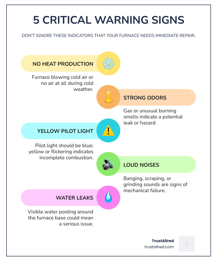 Infographic showing 5 critical warning signs requiring emergency furnace repair: 1) No heat production during cold weather, 2) Strong gas or unusual burning odors, 3) Yellow or flickering pilot light instead of blue, 4) Loud banging, scraping, or grinding noises, 5) Visible water pooling or leaking around furnace base - emergency furnace repair in kent, wa infographic infographic-line-5-steps-colors