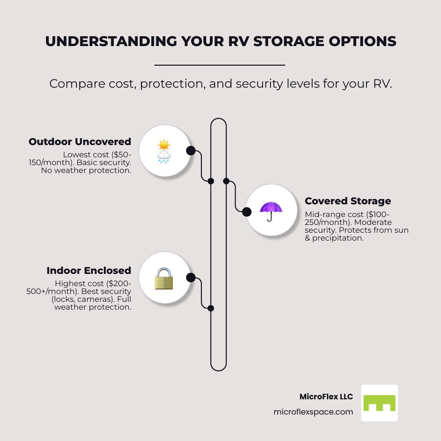 Infographic showing three types of RV storage: 1) Outdoor Uncovered - lowest cost ($50-150/month), basic security, no weather protection, icon showing sun and rain; 2) Covered Storage - mid-range cost ($100-250/month), moderate security, protection from sun and precipitation, icon showing covered carport structure; 3) Indoor Enclosed - highest cost ($200-500+/month), best security with locks and cameras, full weather protection, icon showing enclosed building - Find RV storage infographic infographic-line-3-steps-elegant_beige Infographic showing three types of RV storage: 1) Outdoor Uncovered - lowest cost ($50-150/month), basic security, no weather protection, icon showing sun and rain; 2) Covered Storage - mid-range cost ($100-250/month), moderate security, protection from sun and precipitation, icon showing covered carport structure; 3) Indoor Enclosed - highest cost ($200-500+/month), best security with locks and cameras, full weather protection, icon showing enclosed building - Find RV storage infographic infographic-line-3-steps-elegant_beige