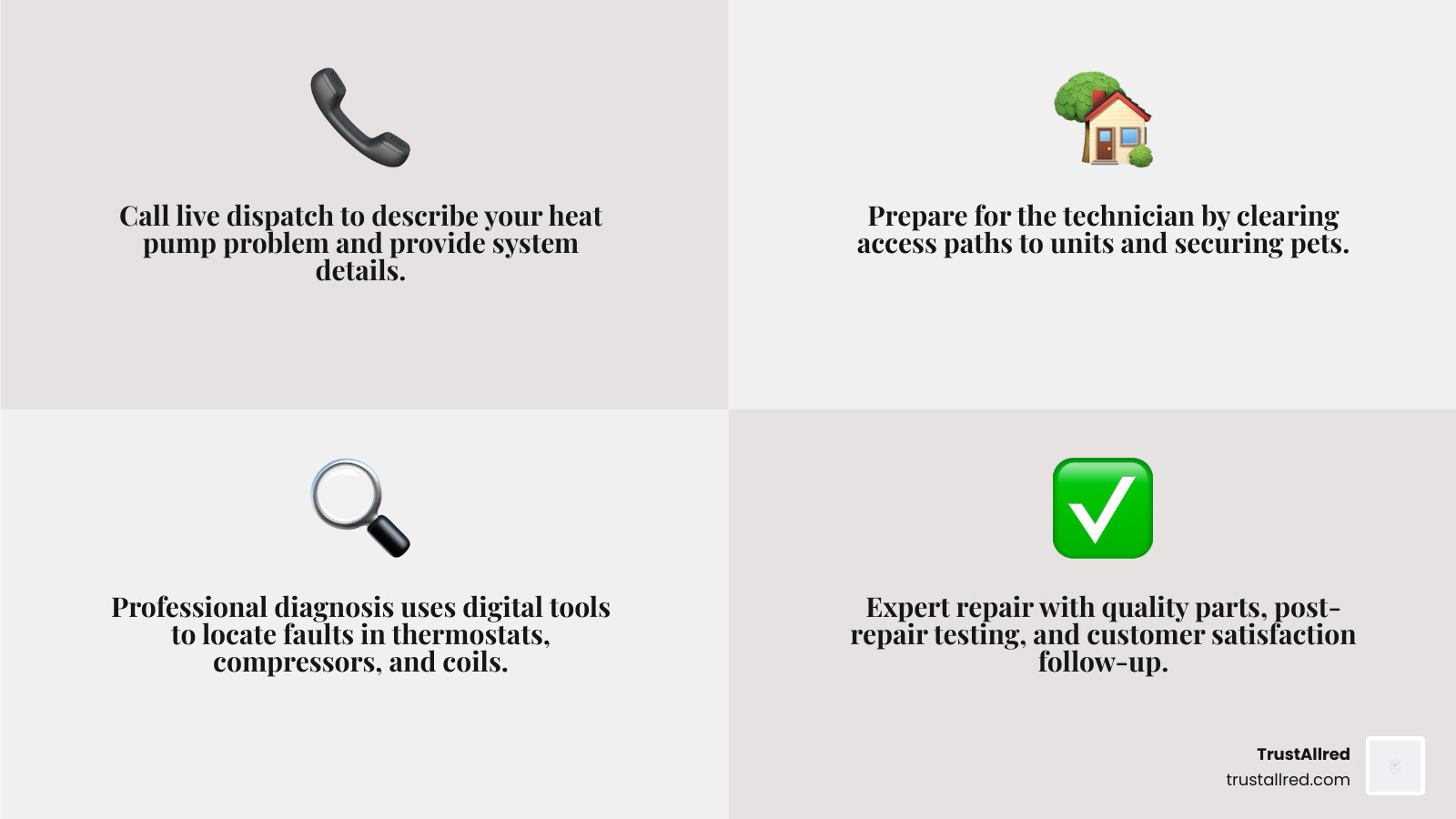 Infographic showing the 4-step emergency heat pump repair process: Step 1 - Call and describe your problem with live dispatch support; Step 2 - Prepare for technician arrival by clearing access paths and securing pets; Step 3 - Professional diagnosis using digital tools to locate faults in thermostats, compressors, and coils; Step 4 - Expert repair with quality parts, post-repair testing, and customer follow-up to ensure satisfaction - 24 hour heat pump repair in kent, wa infographic 4_facts_emoji_grey Infographic showing the 4-step emergency heat pump repair process: Step 1 - Call and describe your problem with live dispatch support; Step 2 - Prepare for technician arrival by clearing access paths and securing pets; Step 3 - Professional diagnosis using digital tools to locate faults in thermostats, compressors, and coils; Step 4 - Expert repair with quality parts, post-repair testing, and customer follow-up to ensure satisfaction - 24 hour heat pump repair in kent, wa infographic 4_facts_emoji_grey