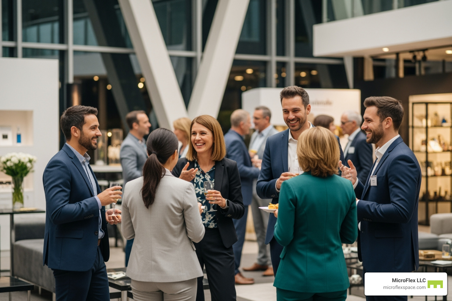 business owners happily networking at a professional event - showroom open house
