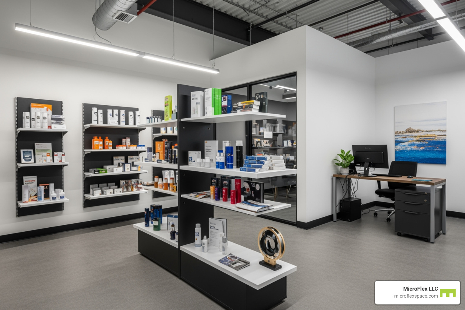 A MicroFlex unit configured as a showroom with an office area, showcasing products creatively arranged on display shelves with a small, functional office desk in the corner. - showroom open house