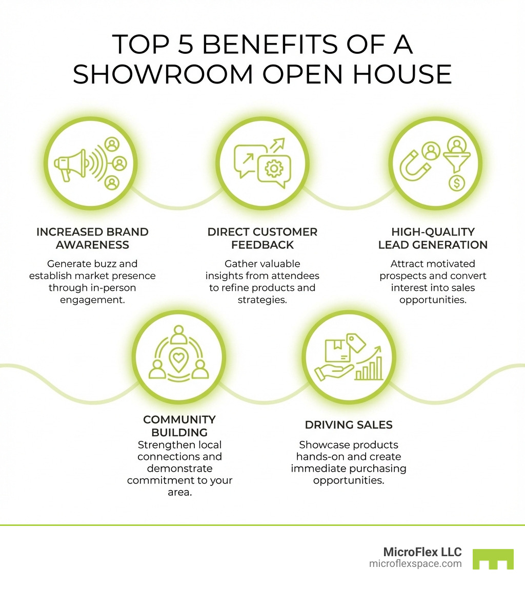 Infographic showing the top 5 benefits of a showroom open house: 1. Increased Brand Awareness - Generate buzz and establish market presence through in-person engagement, 2. Direct Customer Feedback - Gather valuable insights from attendees to refine products and strategies, 3. High-Quality Lead Generation - Attract motivated prospects and convert interest into sales opportunities, 4. Community Building - Strengthen local connections and demonstrate commitment to your area, 5. Driving Sales - Showcase products hands-on and create immediate purchasing opportunities - showroom open house infographic 